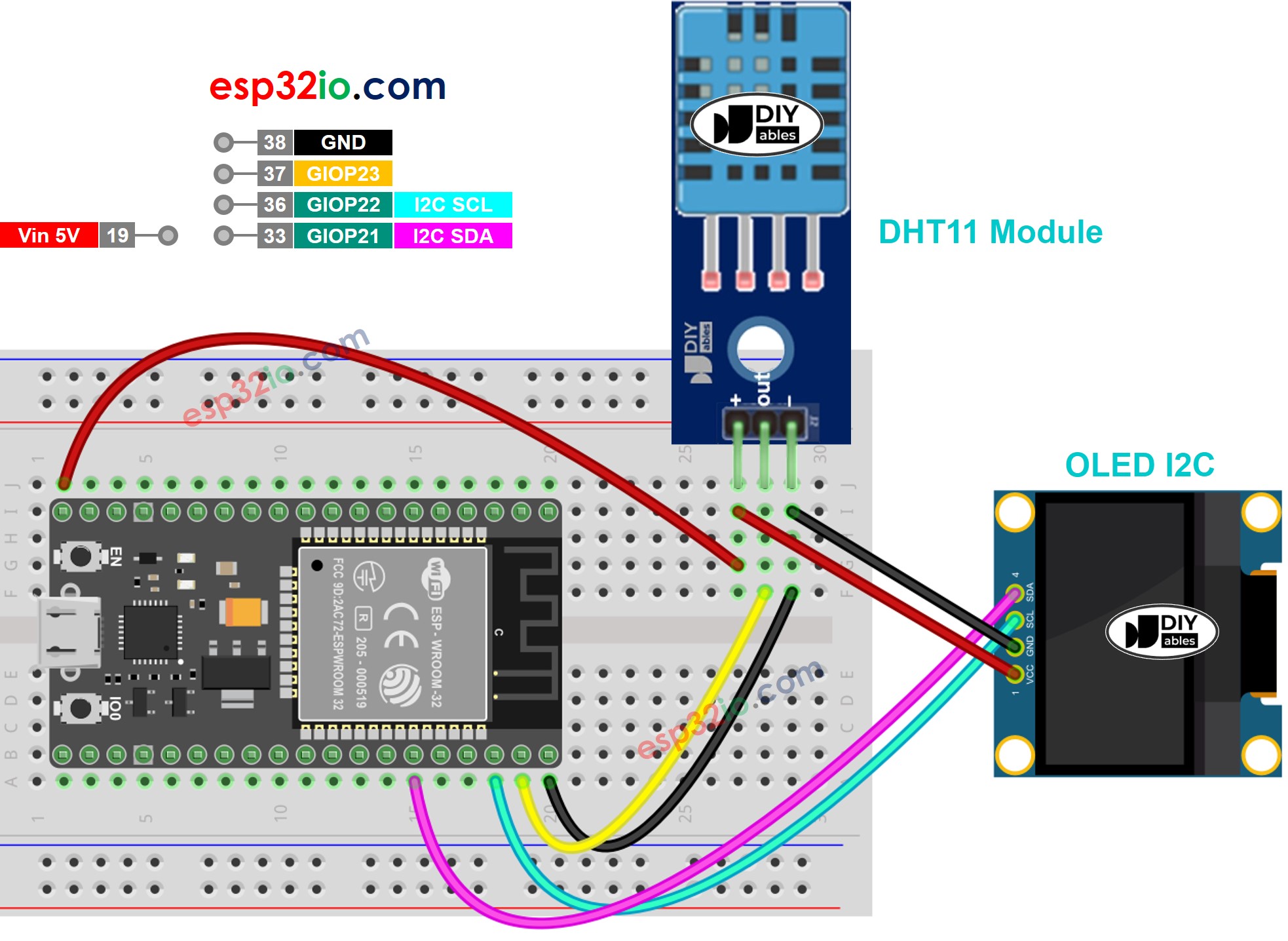 Diagrama de cableado del módulo ESP32 DHT11 con OLED
