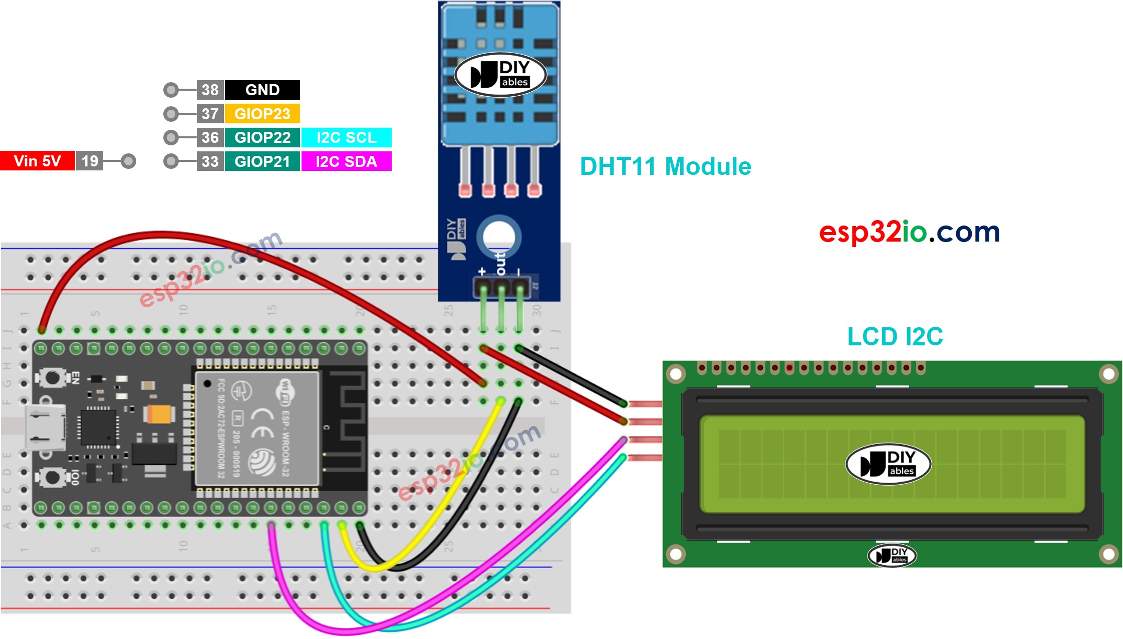 Diagrama de cableado del ESP32, sensor DHT11 y LCD