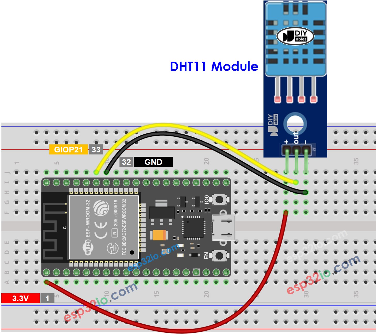 Diagrama de cableado del módulo DHT11 de temperatura y humedad para ESP32