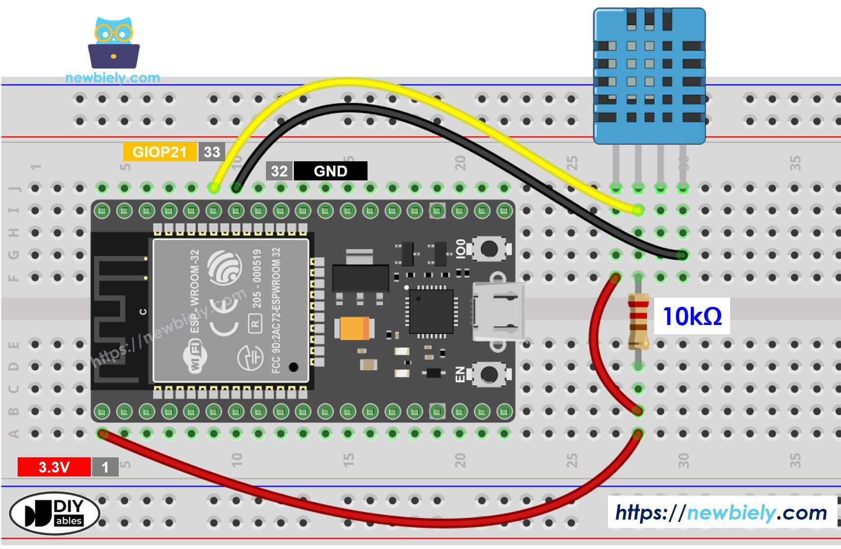 Diagrama de cableado del sensor DHT11 de temperatura y humedad para ESP32