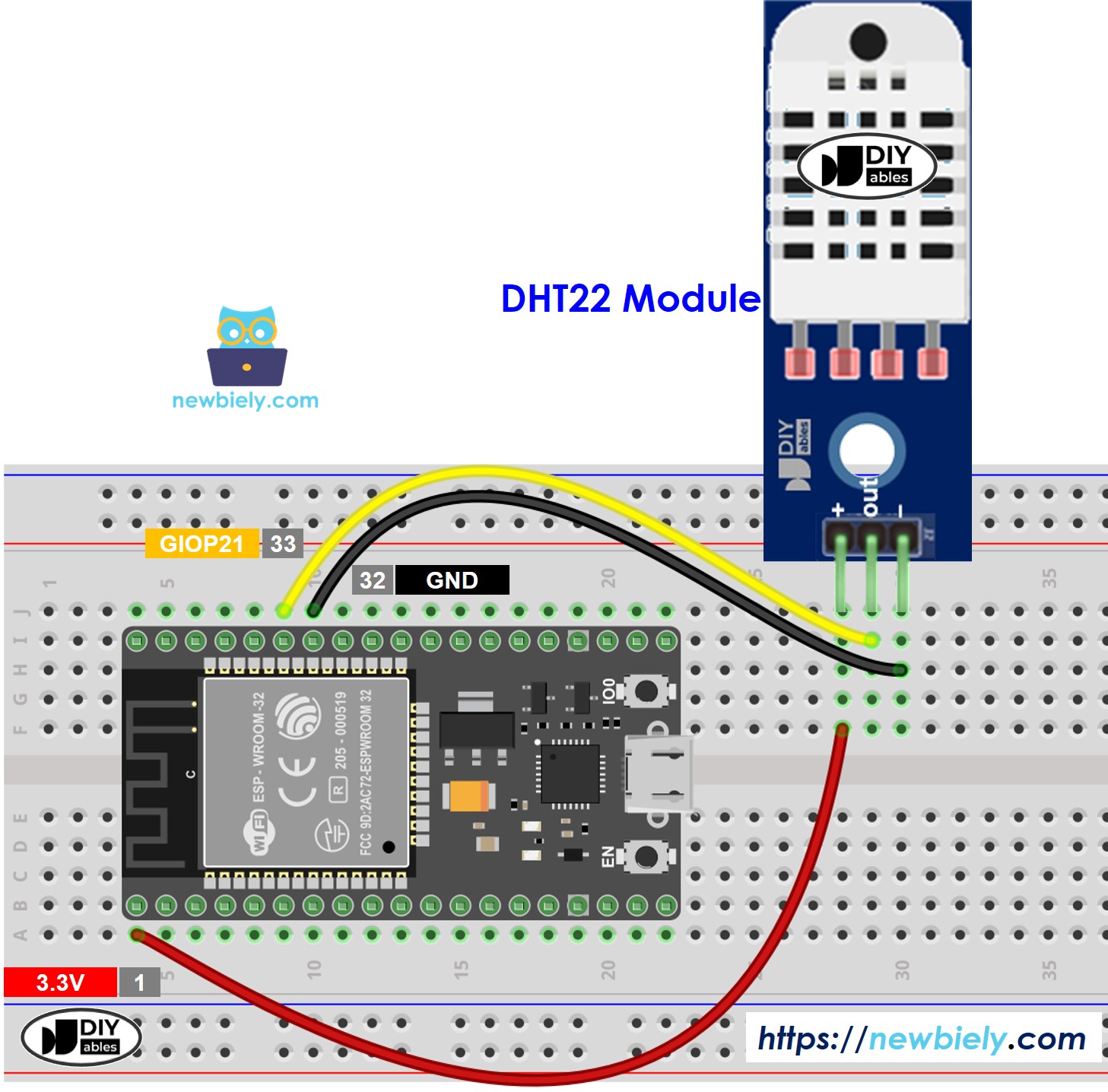 Diagrama de cableado del módulo ESP32 DHT22 de temperatura y humedad