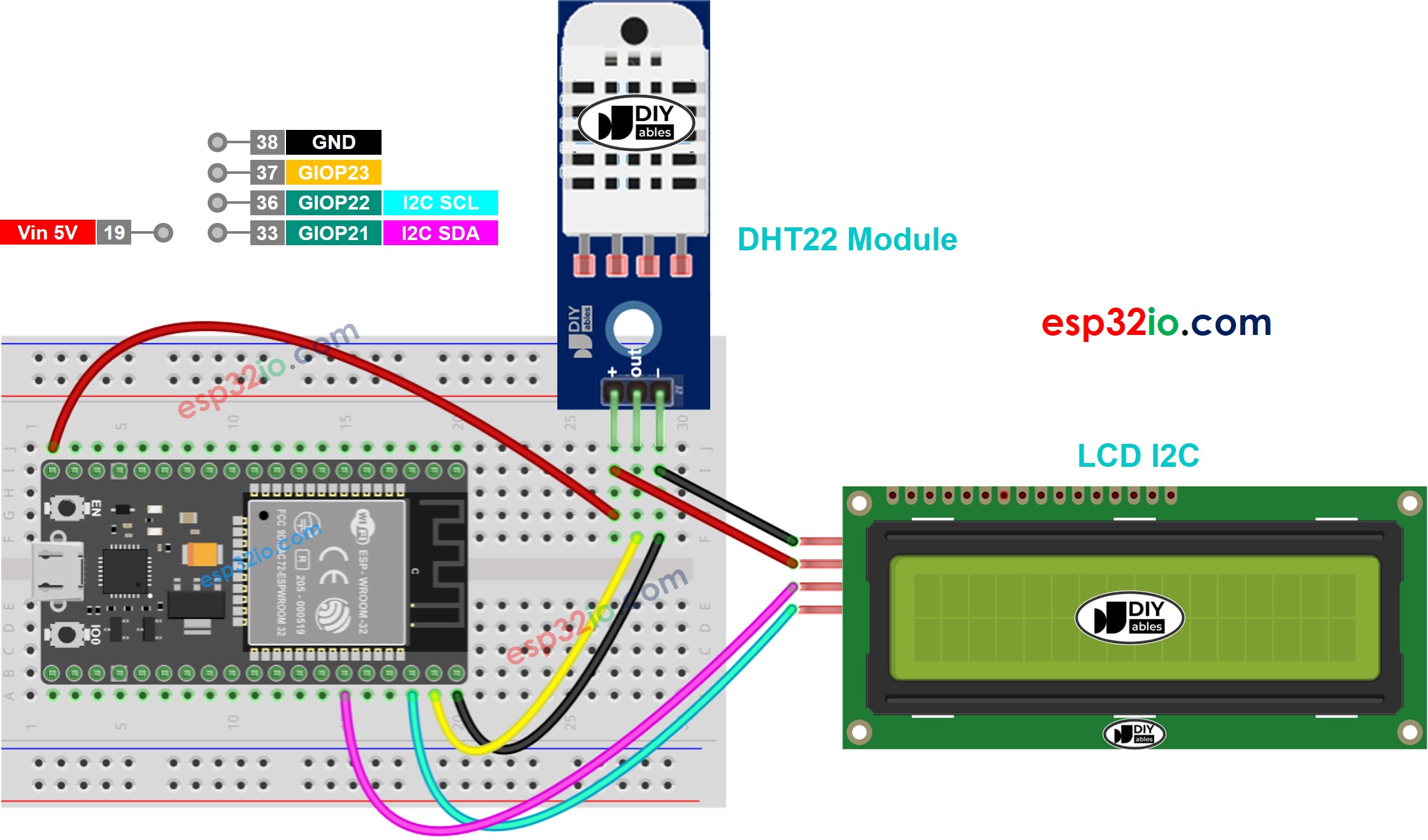 Diagrama de cableado del ESP32, sensor DHT22 y LCD