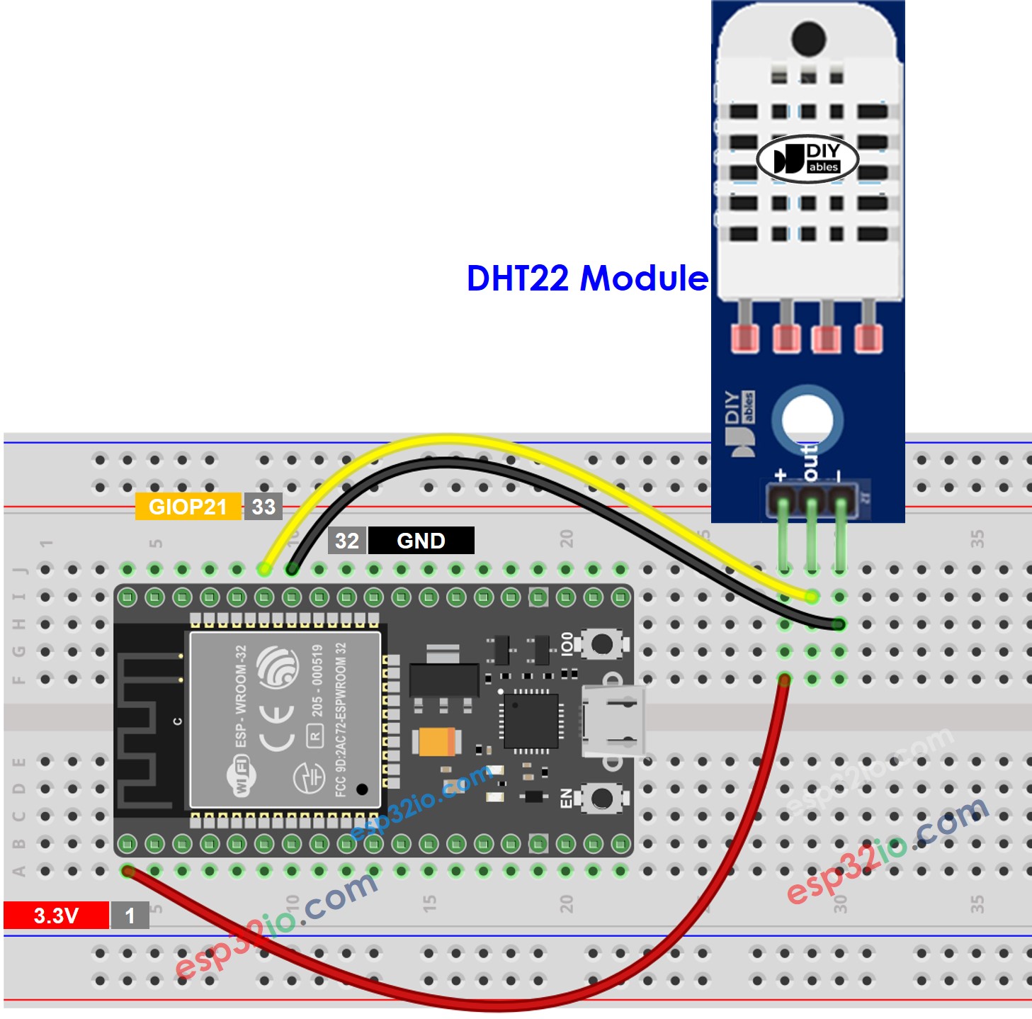 Diagrama de cableado del módulo de temperatura y humedad DHT22 para ESP32