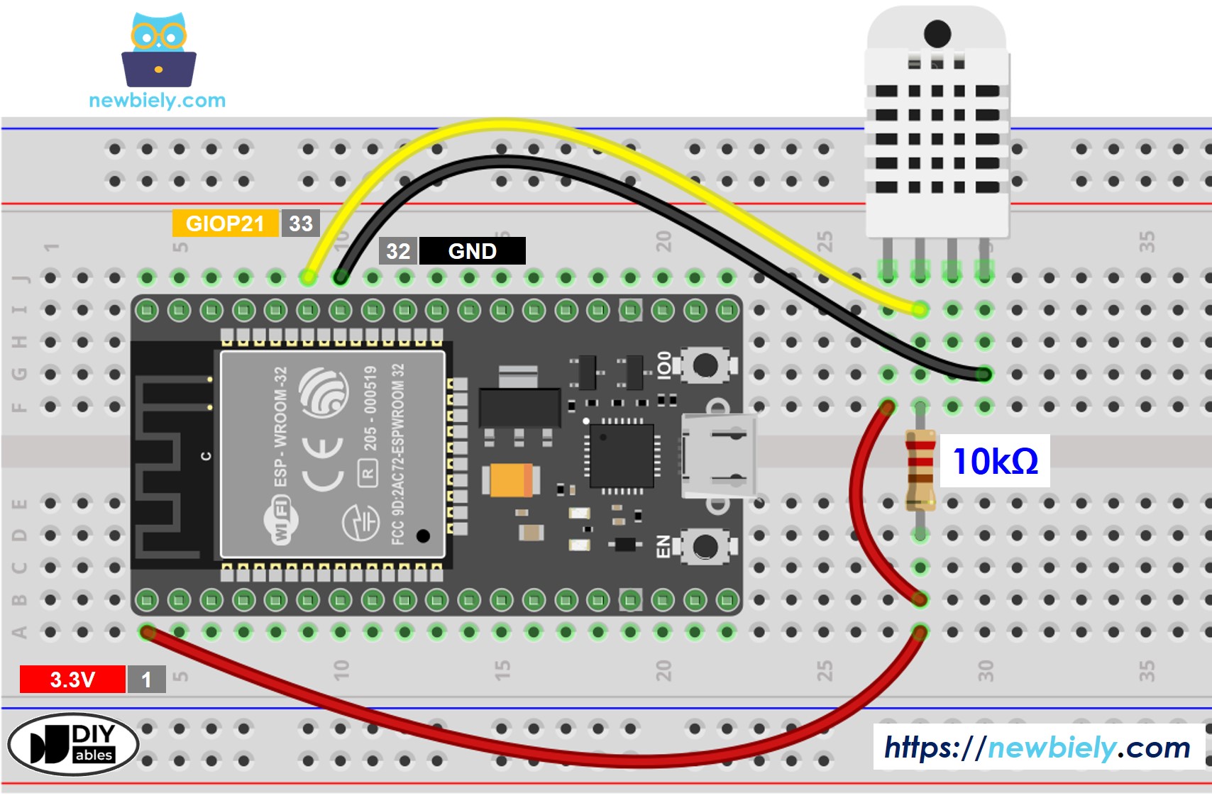 Diagrama de cableado del sensor de temperatura y humedad DHT22 para ESP32