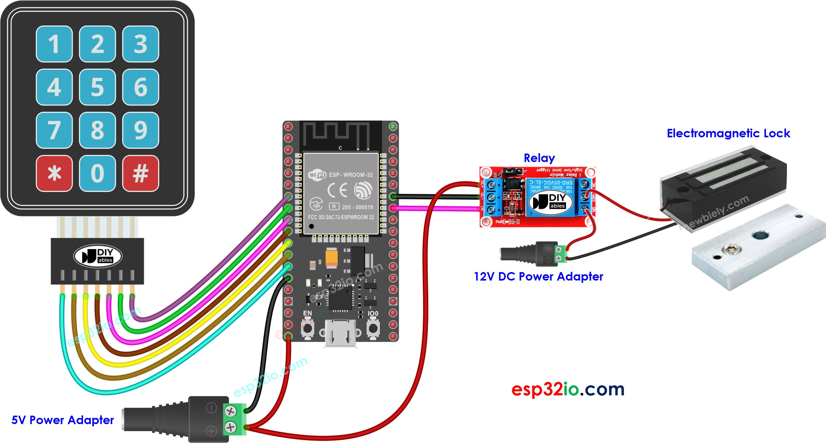 Diagrama de cableado del sistema de cerradura para ESP32