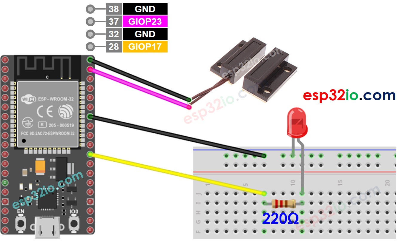 Diagrama de cableado del LED del sensor de puerta ESP32