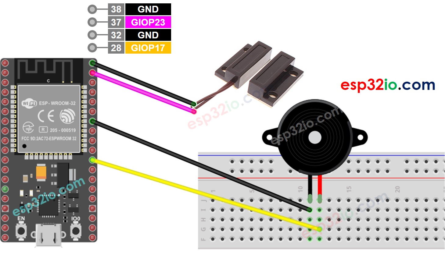 Diagrama de cableado del sensor de puerta ESP32 y del zumbador piezoeléctrico
