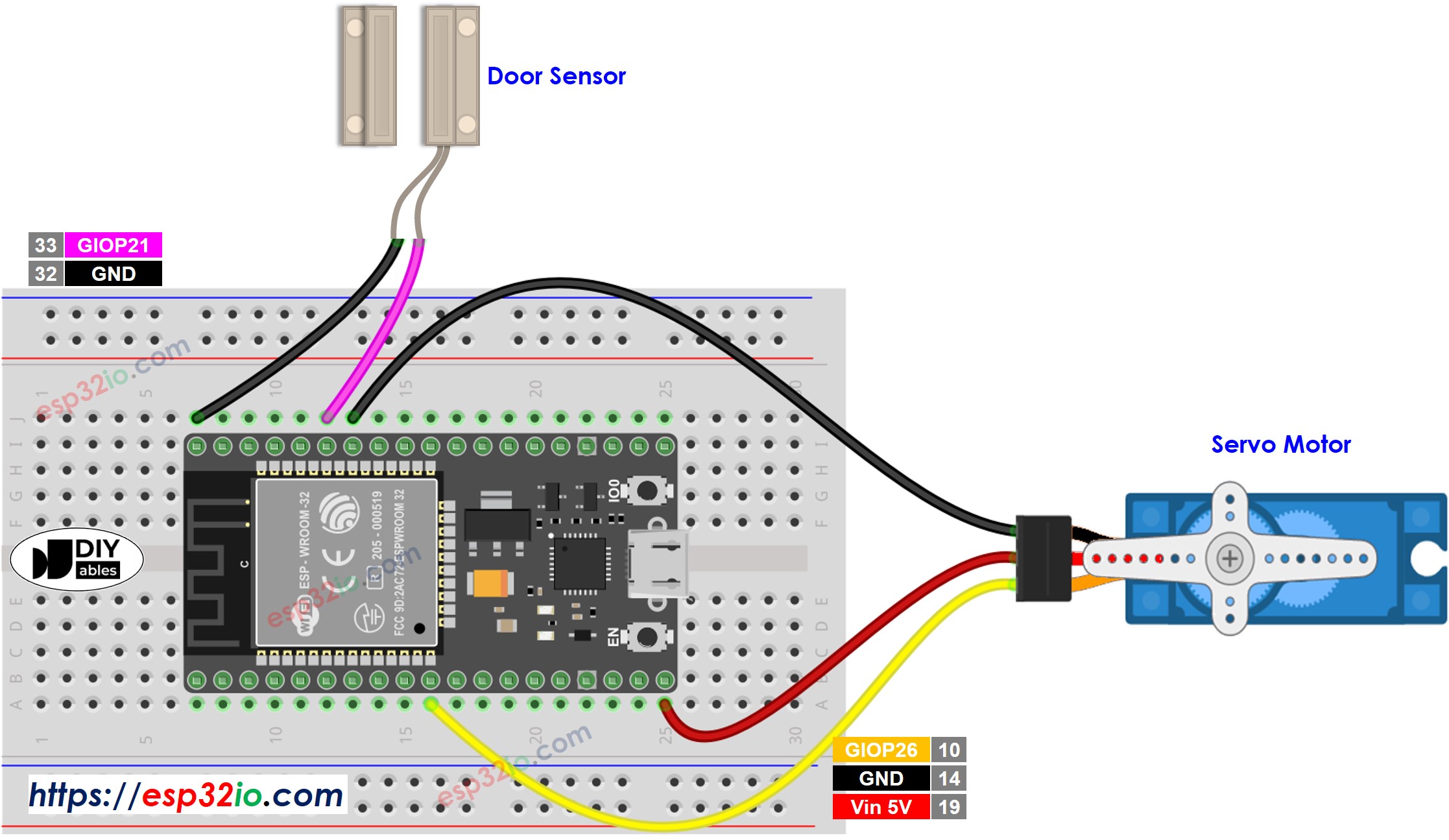 Diagrama de cableado del sensor de puerta y del motor servo para ESP32