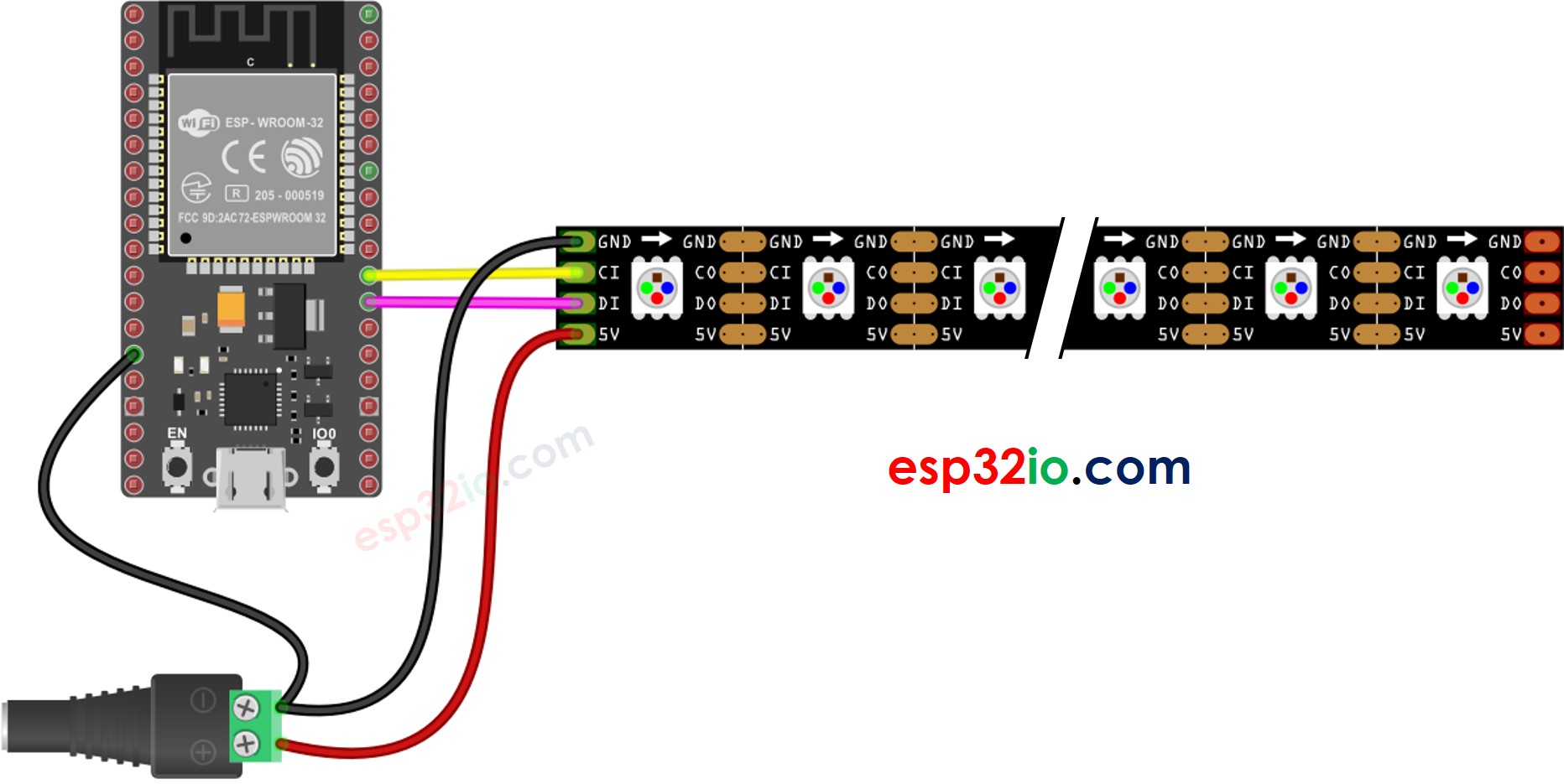 Diagrama de cableado de la tira de LEDs RGB DotStar para ESP32.