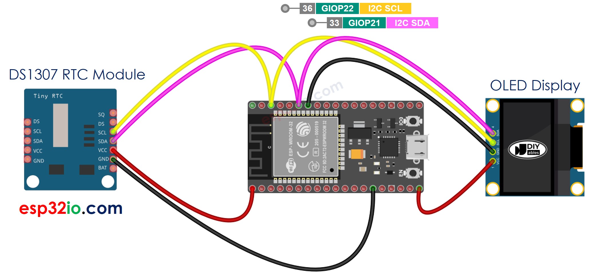 Diagrama de cableado ESP32 DS1307 OLED