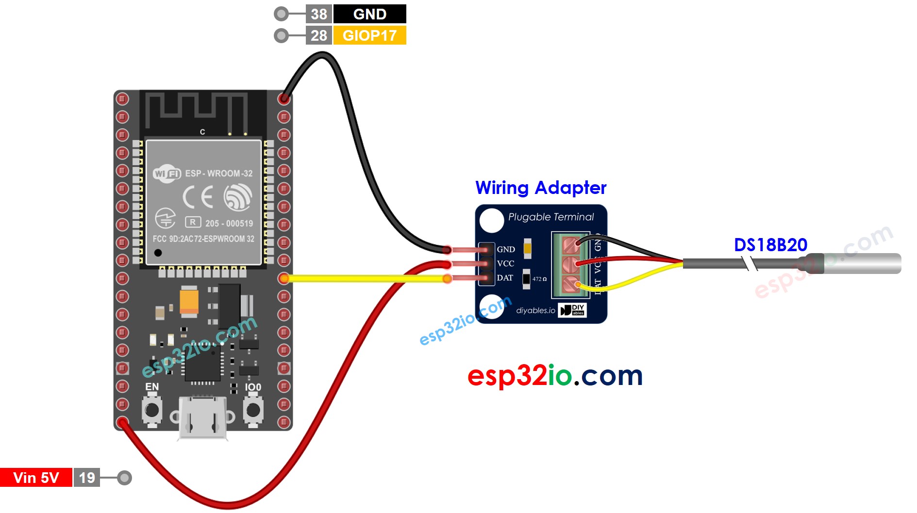 Diagrama de cableado del sensor de temperatura DS18B20 para servidor web ESP32