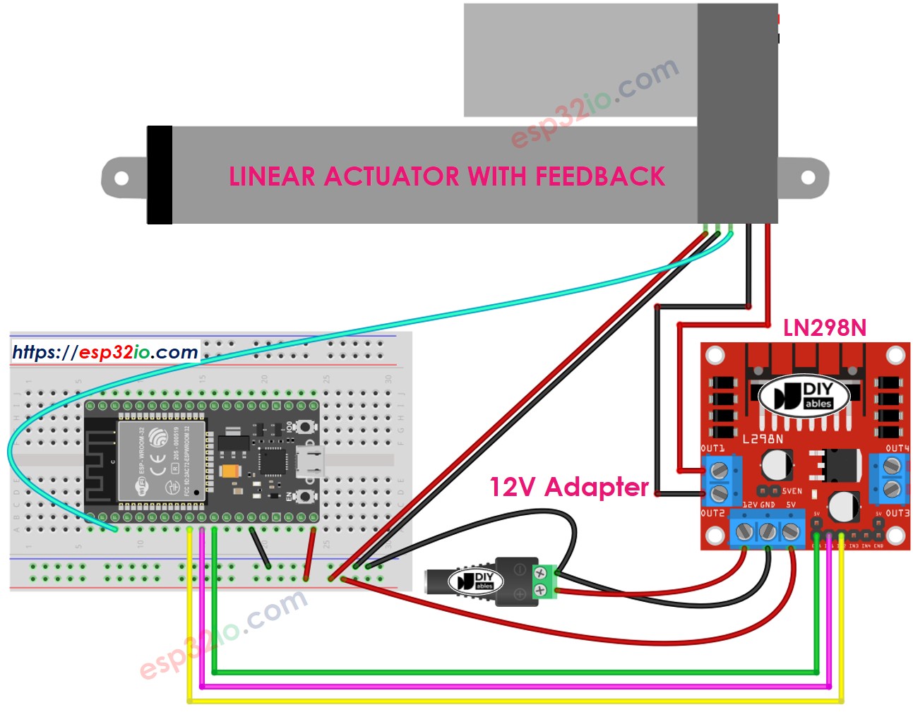 Diagrama de cableado del actuador lineal ESP32 y del controlador L298N