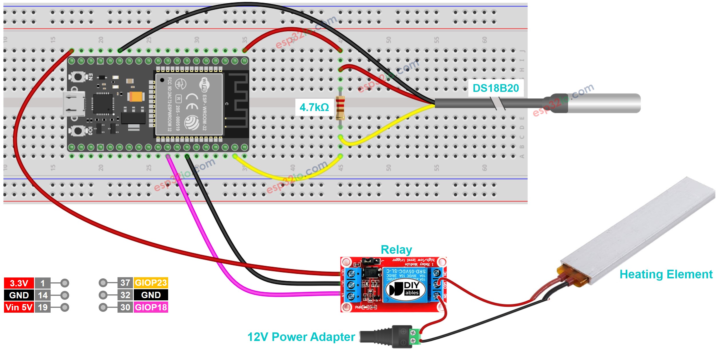 Diagrama de cableado del sistema de calefacción ESP32