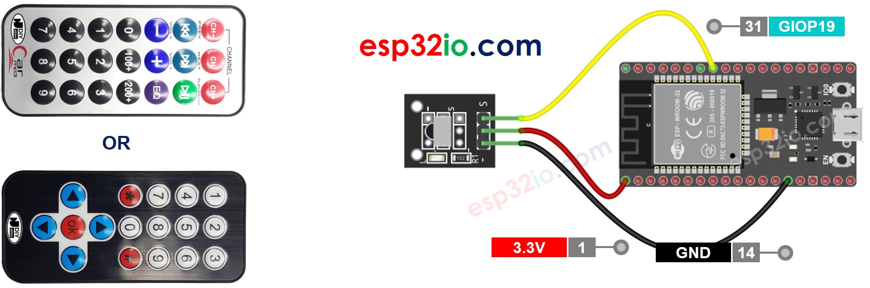 Diagrama de cableado del control remoto IR para ESP32
