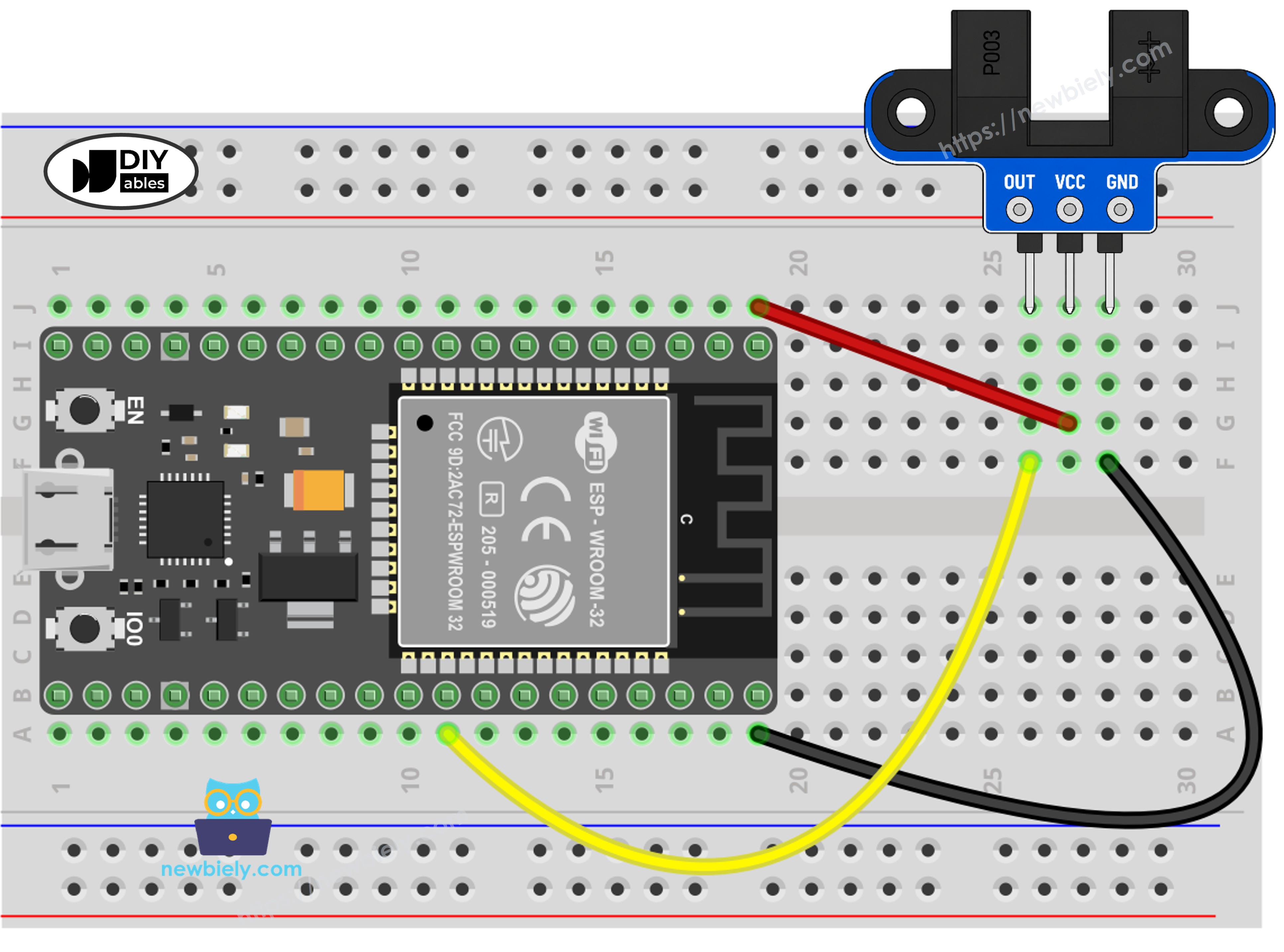 Diagrama de cableado del ESP32 con el sensor de velocidad óptico ranurado IR