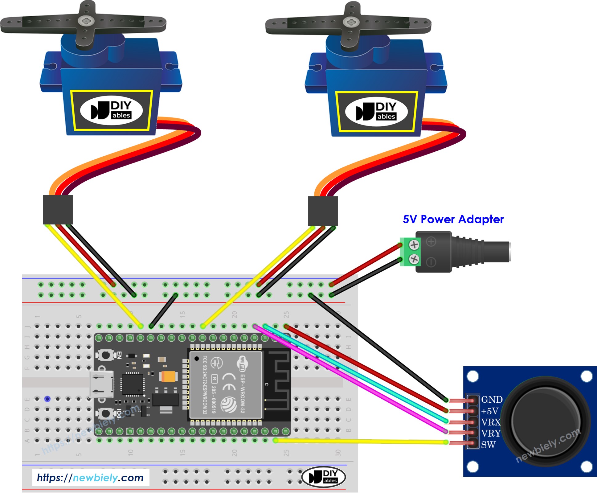 Diagrama de cableado del joystick y del servomotor para ESP32