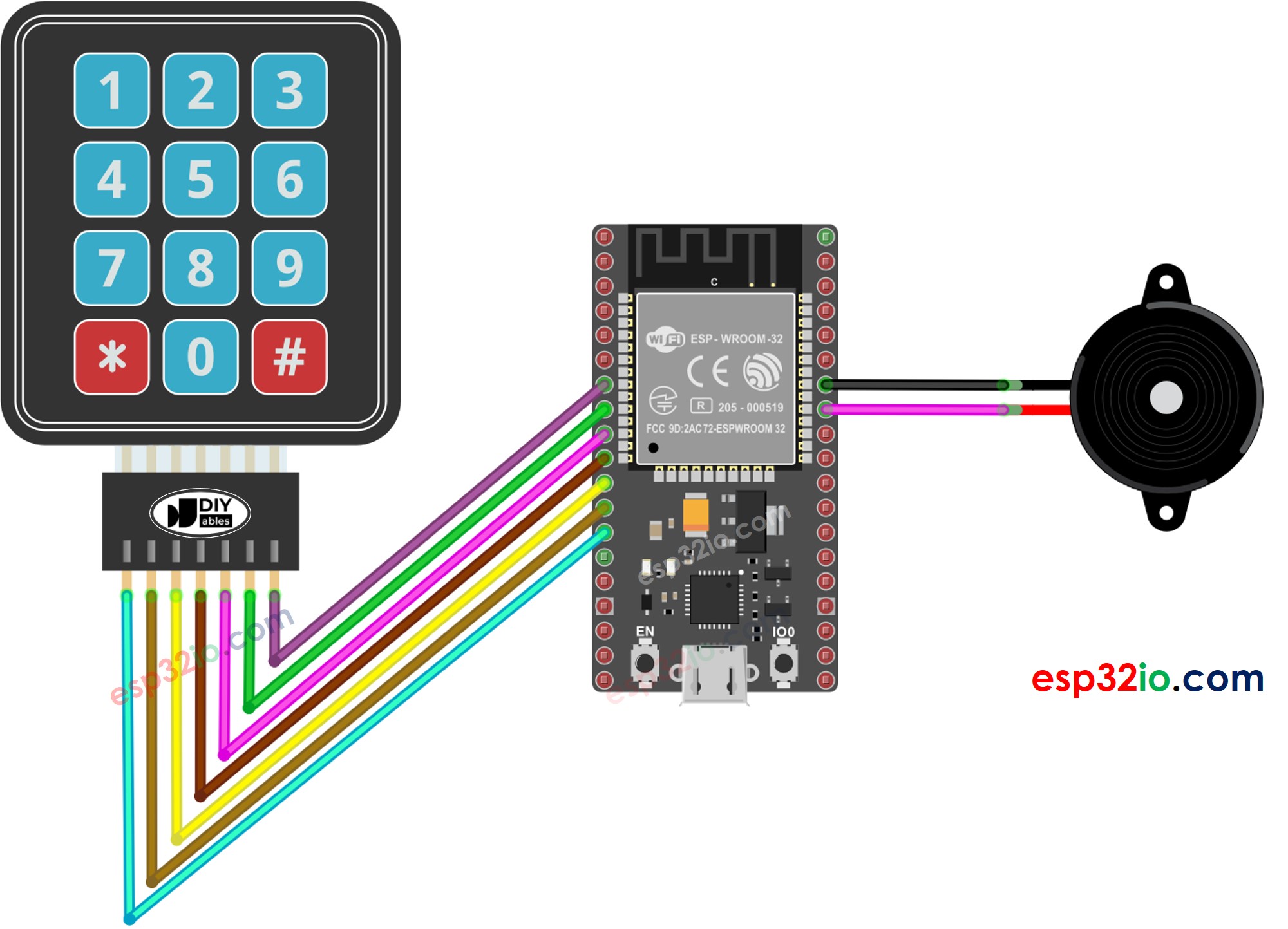 Diagrama de cableado del teclado ESP32 con zumbador piezoeléctrico
