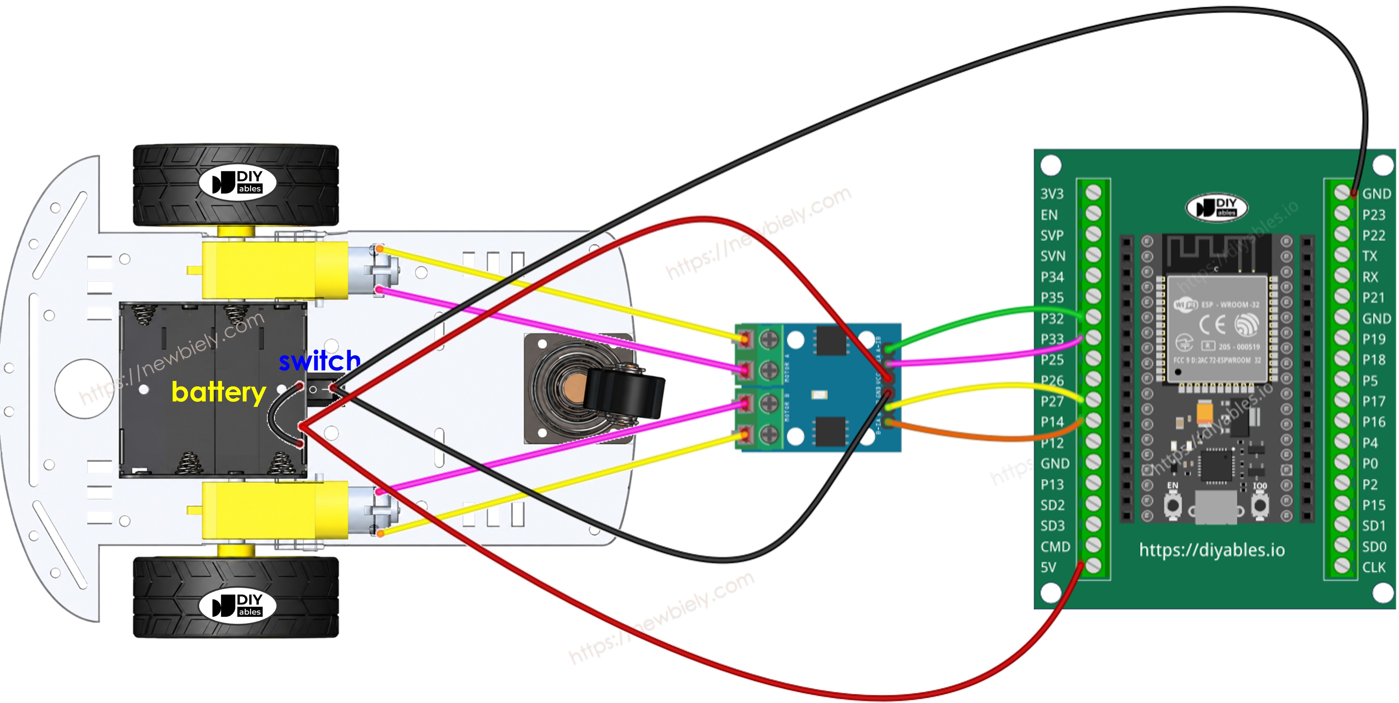 Diagrama de cableado del coche RC 2WD con ESP32 usando un bloque de terminales de tornillo