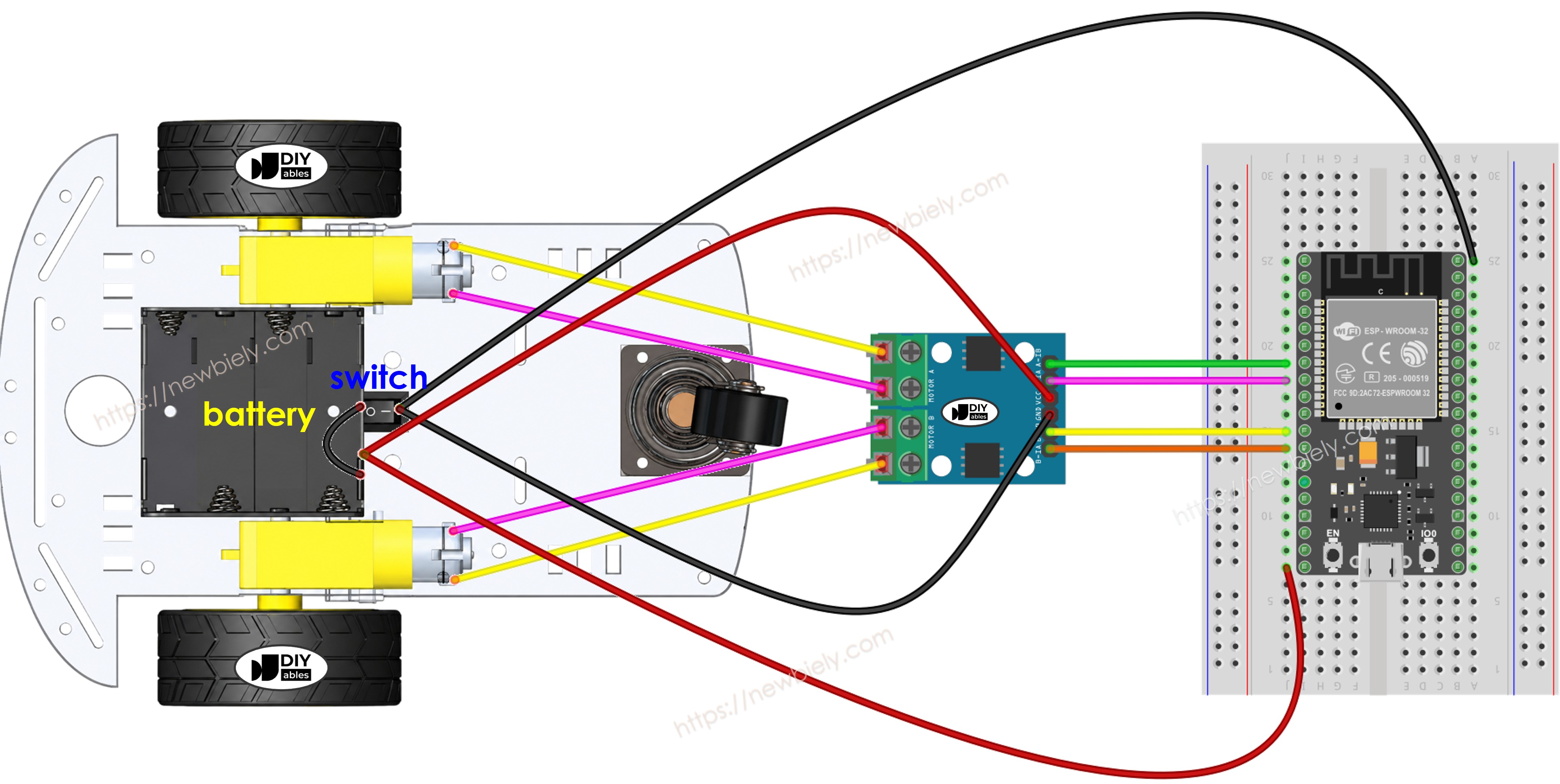 Diagrama de cableado del coche RC 2WD con ESP32 en una placa de pruebas