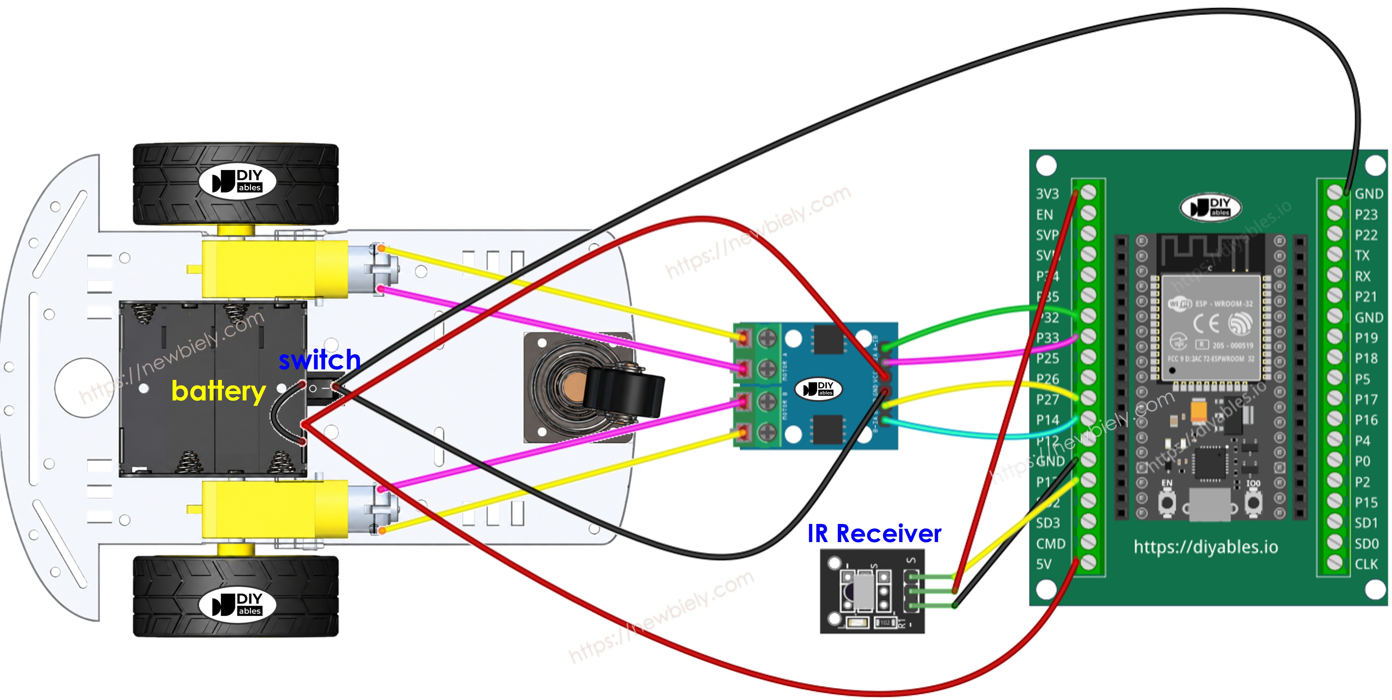 Diagrama de cableado del coche robot 2WD con ESP32 usando un bloque de terminales de tornillo