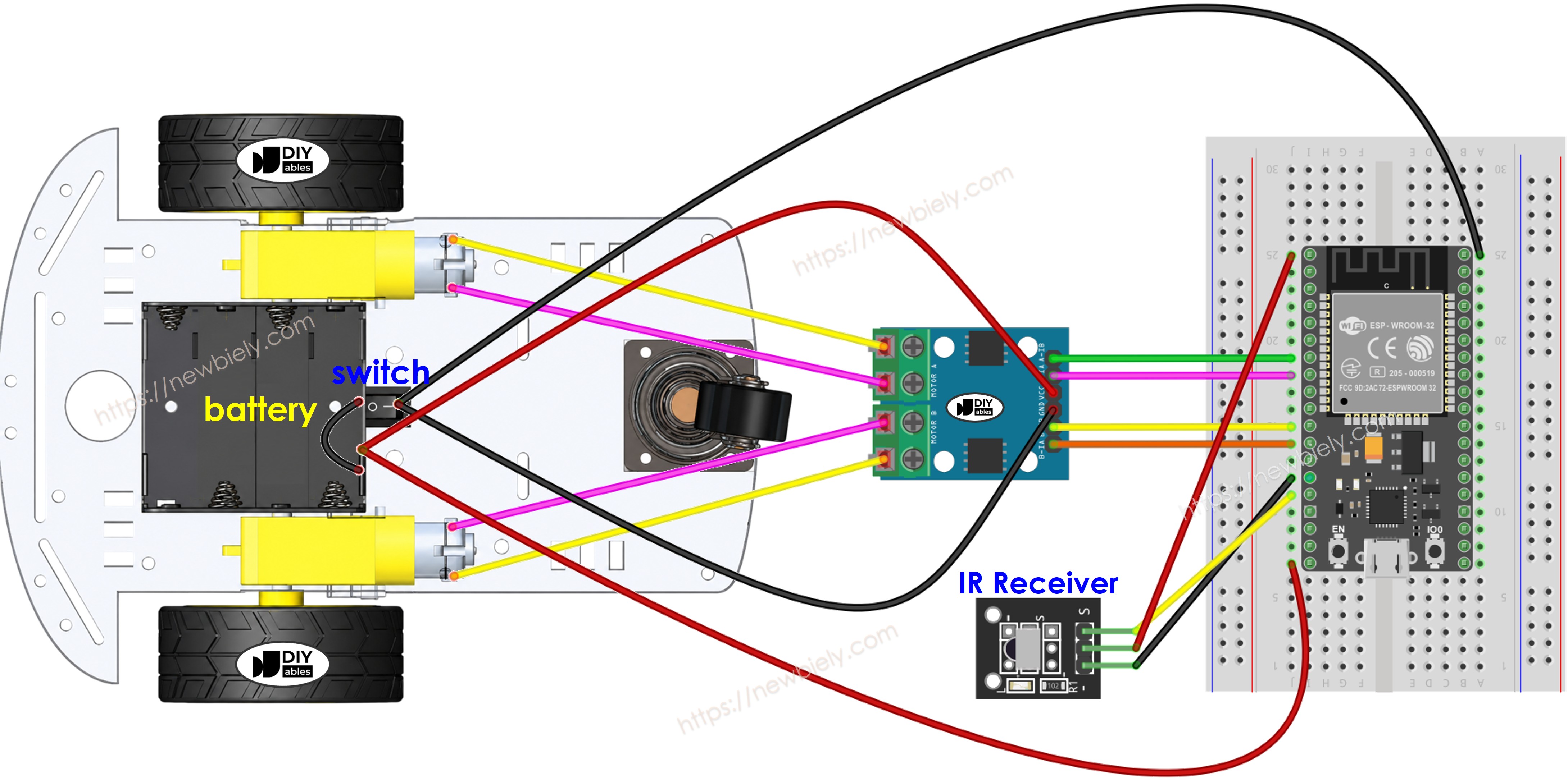 Diagrama de cableado del coche robot 2WD con ESP32 en una placa de pruebas