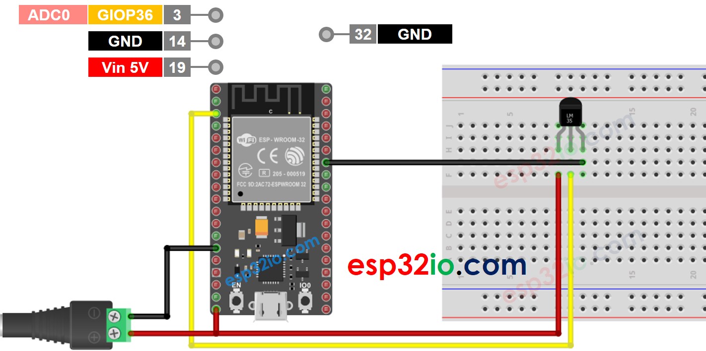 Diagrama de cableado del sensor de temperatura LM35 para ESP32