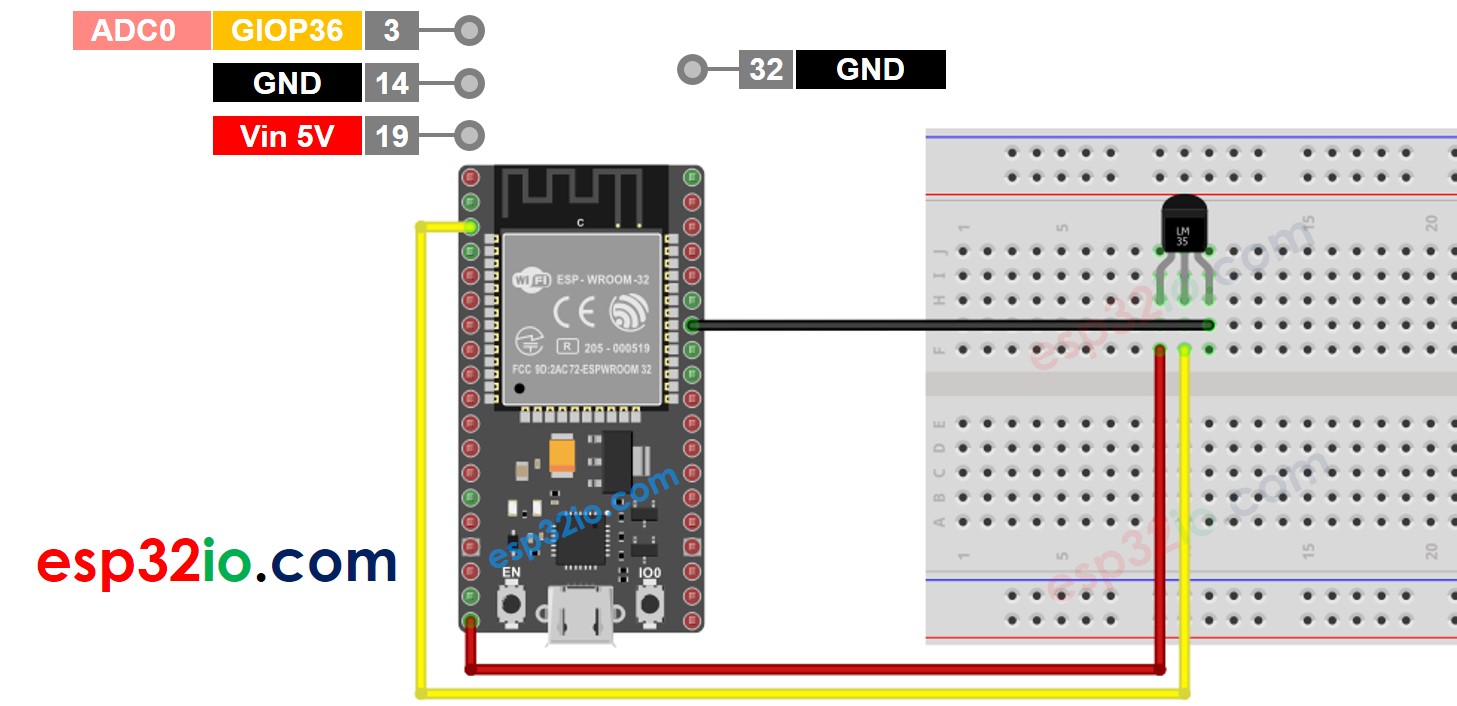 Diagrama de cableado del sensor de temperatura LM35 para ESP32