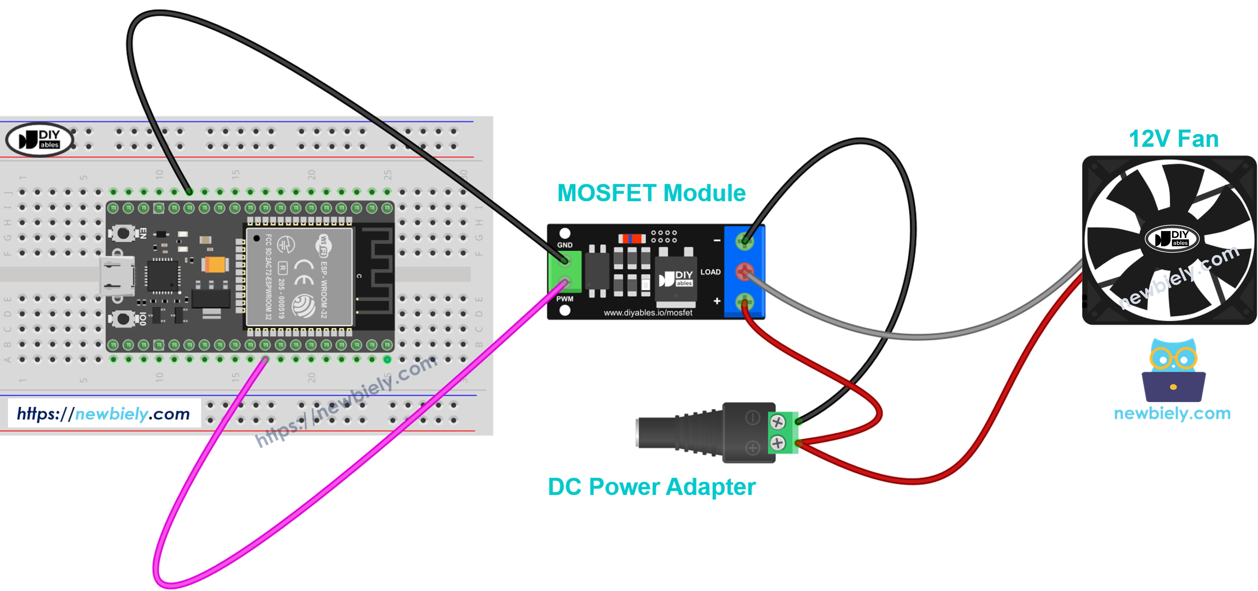 Ventilador conectado al módulo MOSFET