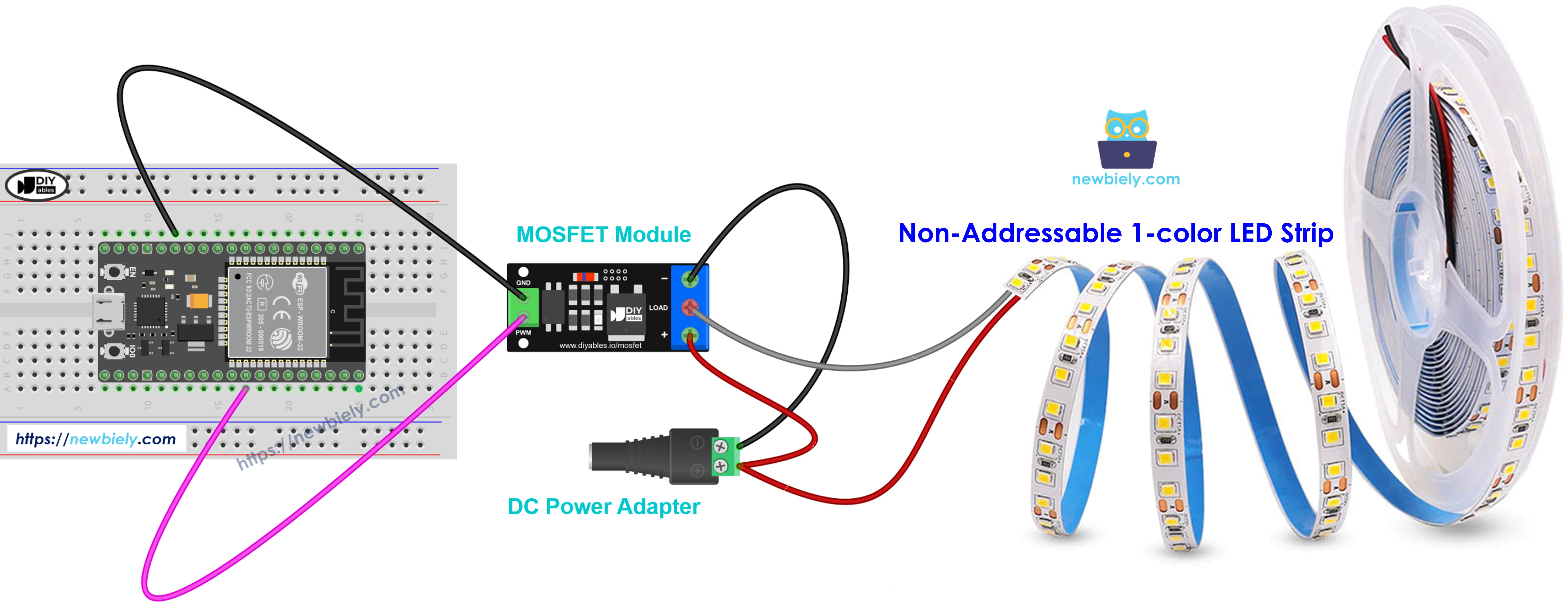 Cableado del módulo MOSFET con una tira LED de 12V de un solo color