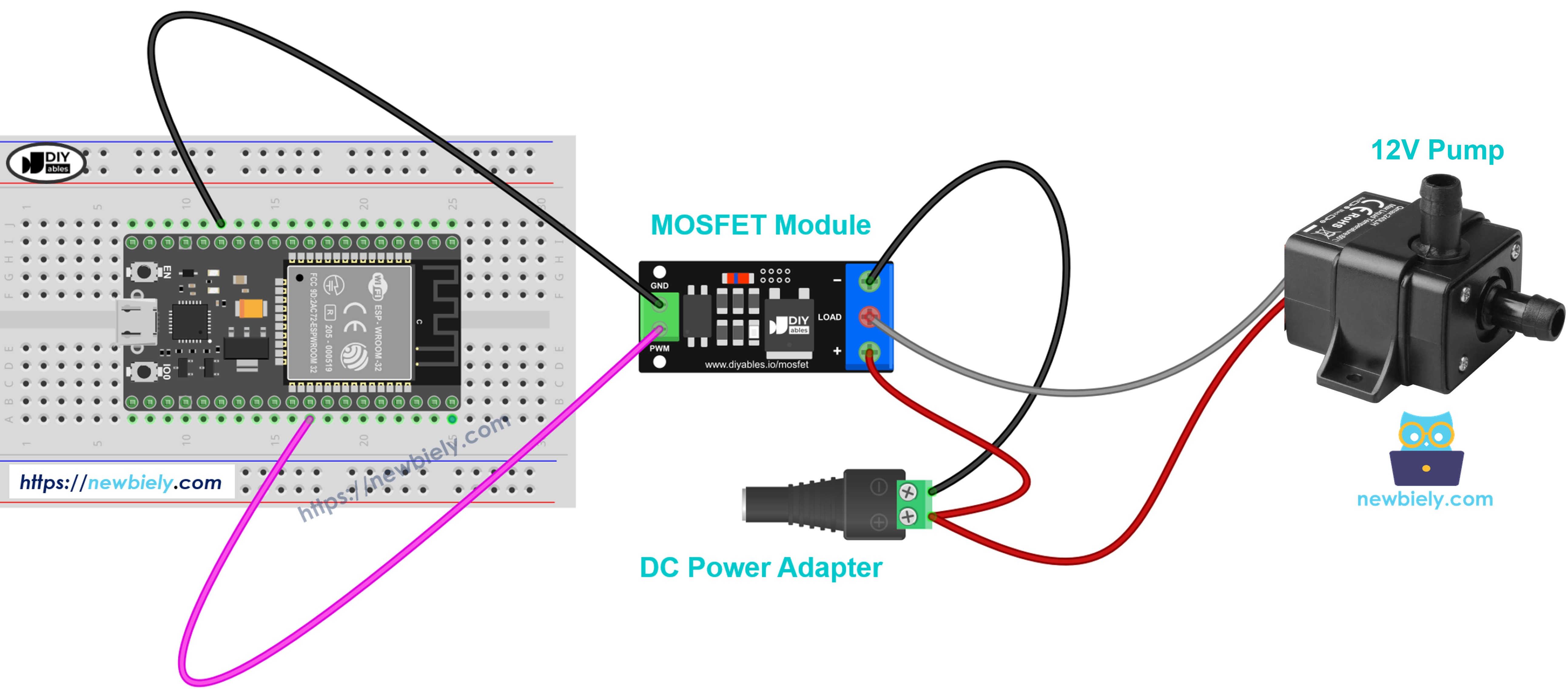 Diagrama de cableado del módulo MOSFET para una bomba de 12V