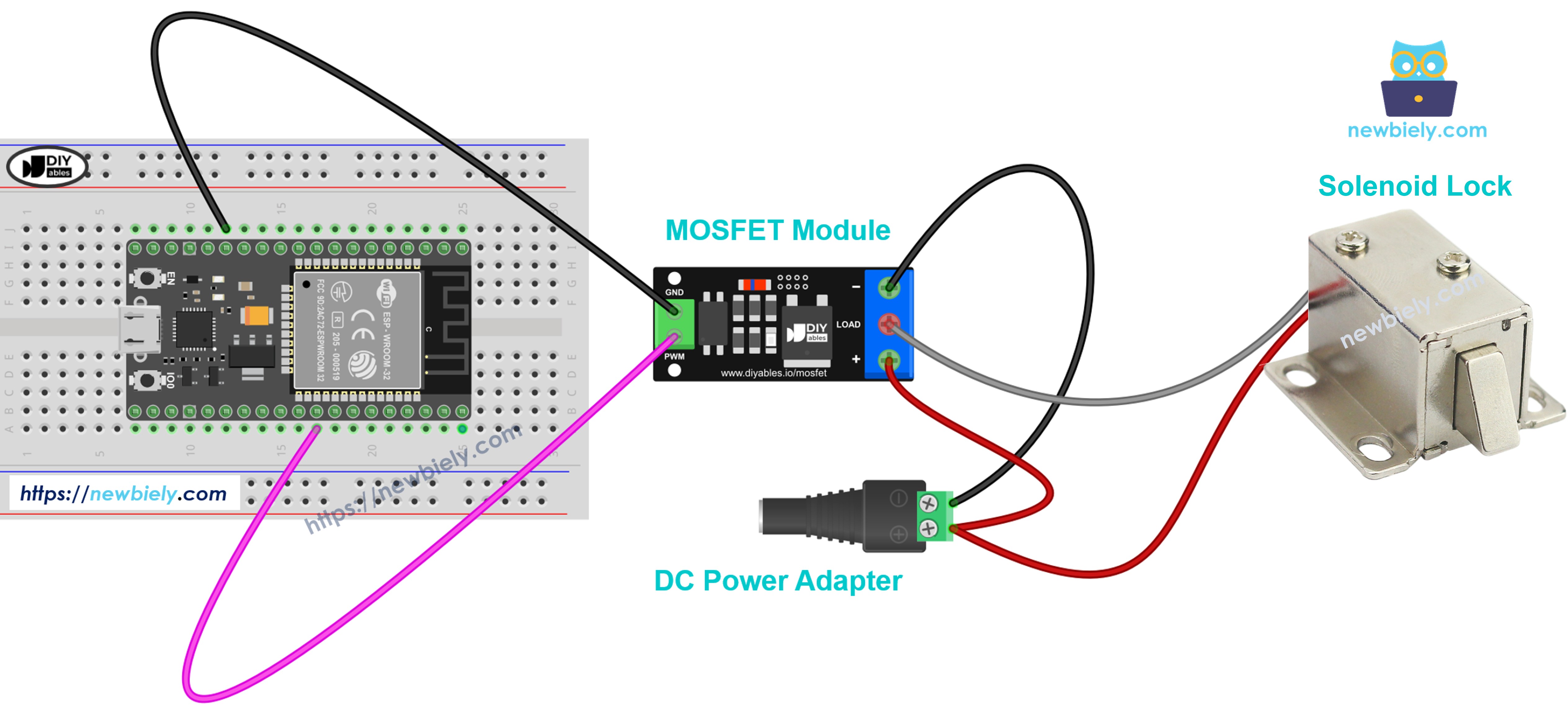 Cableado de la cerradura de solenoide y el módulo MOSFET