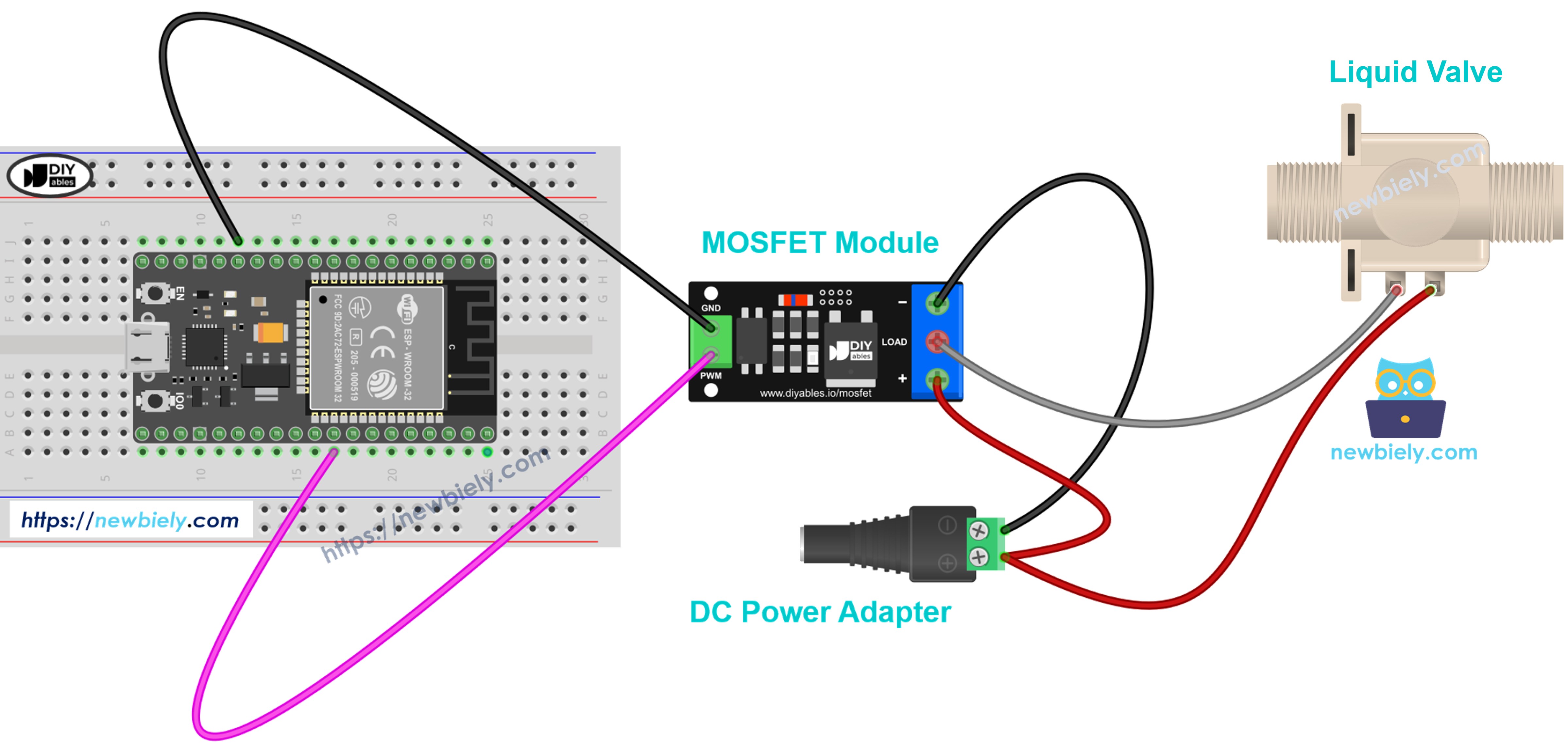 Diagrama de cableado de una electroválvula de 12V con el módulo MOSFET