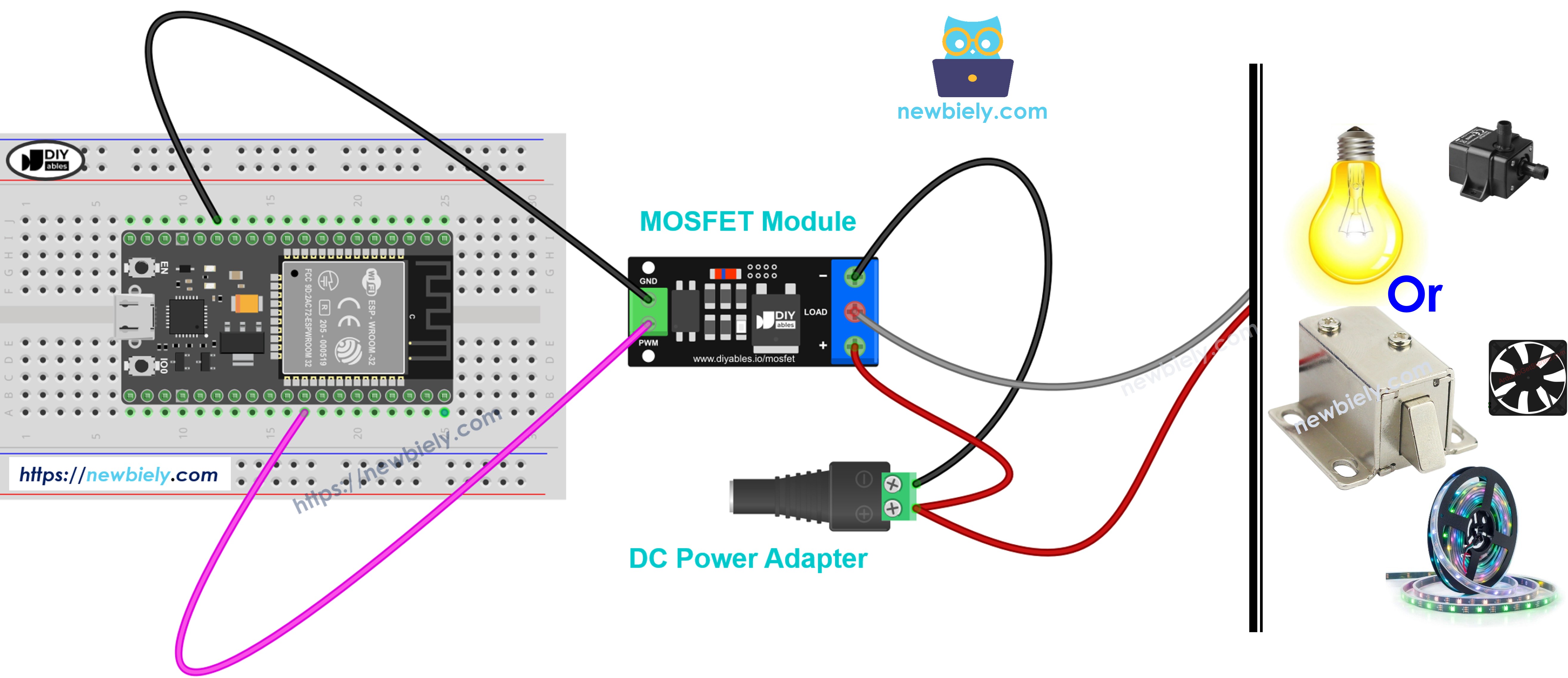 Diagrama de cableado del ESP32 con el módulo MOSFET AOD4184, LR7843 o FR120N