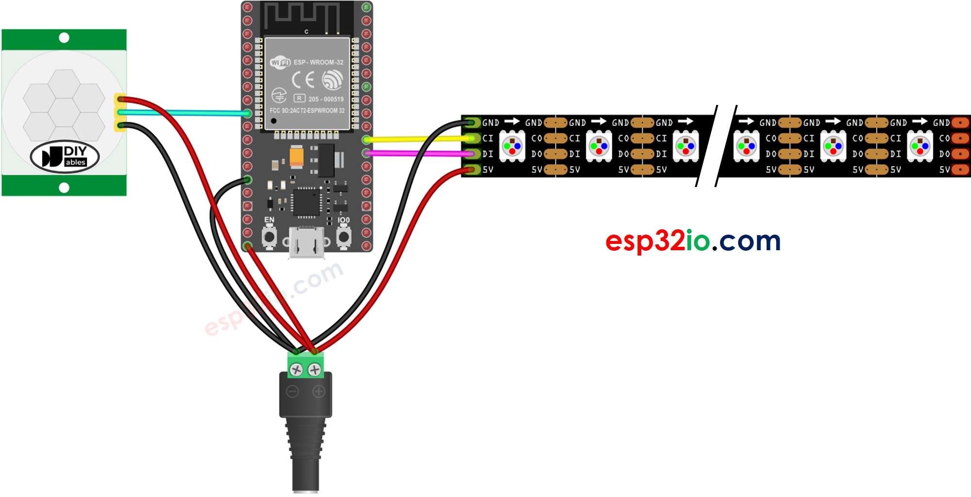 Diagrama de cableado para ESP32, sensor de movimiento y tira de LED