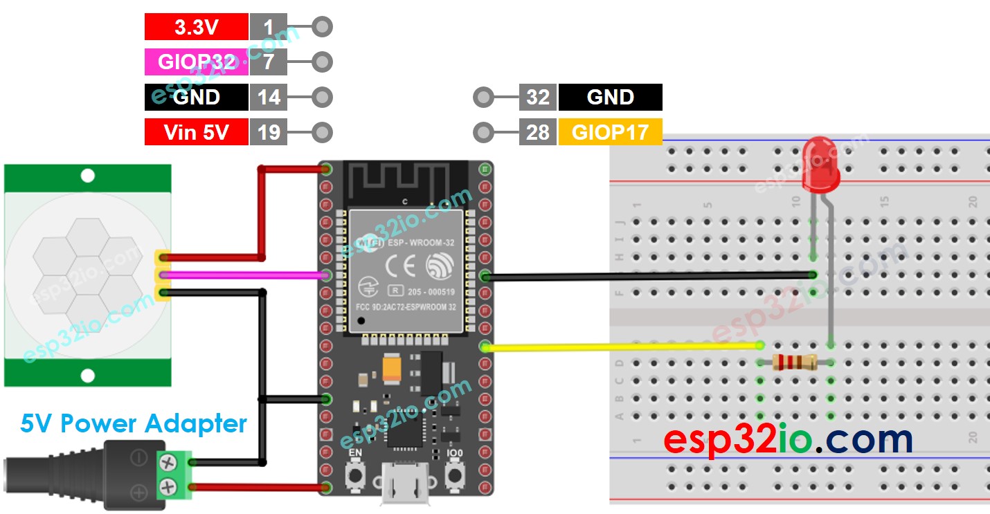 Diagrama de cableado de LED para ESP32 sensor de movimiento y adaptador de alimentación de 5 V