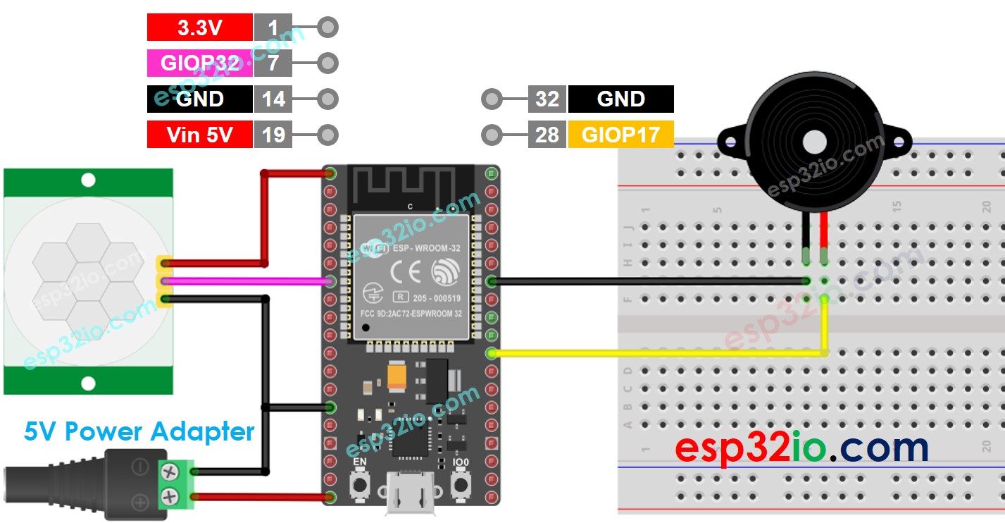 Diagrama de cableado del ESP32, sensor de movimiento, zumbador piezoeléctrico, adaptador de alimentación de 5 V