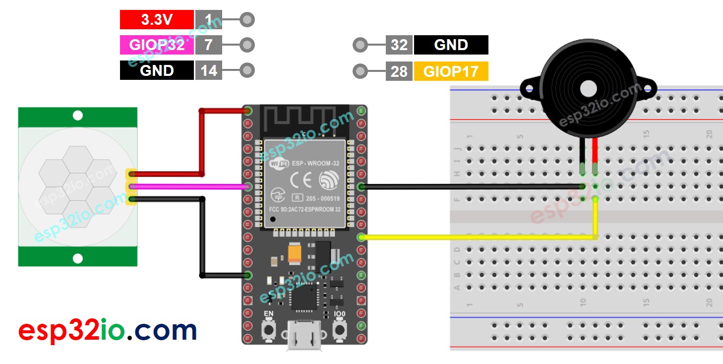 Diagrama de cableado del ESP32, sensor de movimiento y zumbador piezoeléctrico