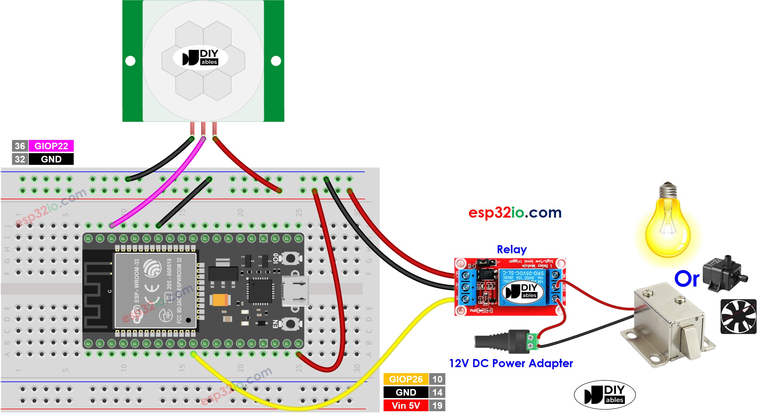 Diagrama de cableado del relé para el sensor de movimiento ESP32