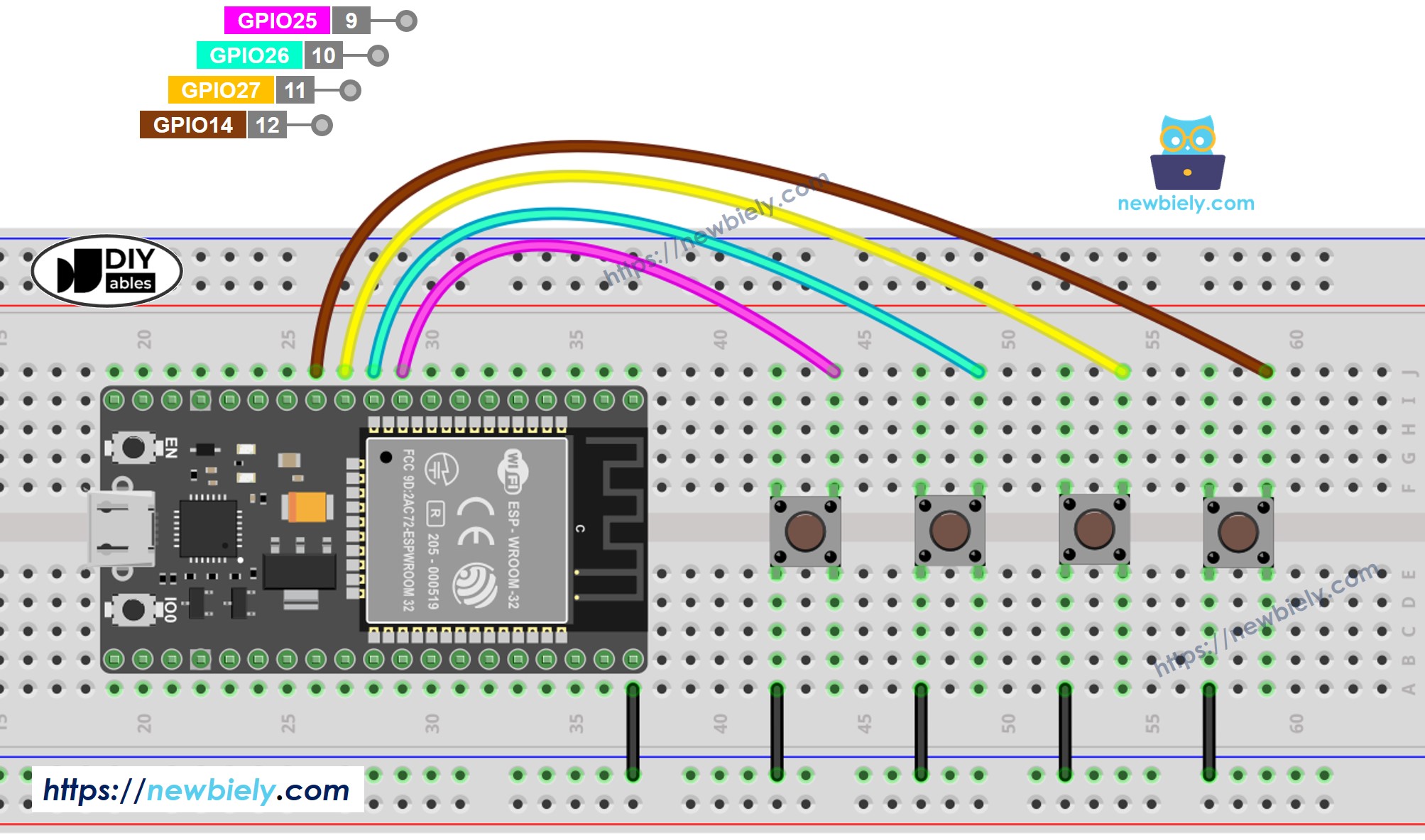 Diagrama de cableado de la biblioteca de botones ESP32