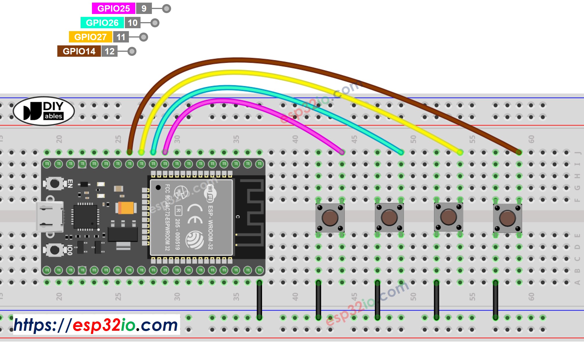 Diagrama de cableado de ESP32 con múltiples botones