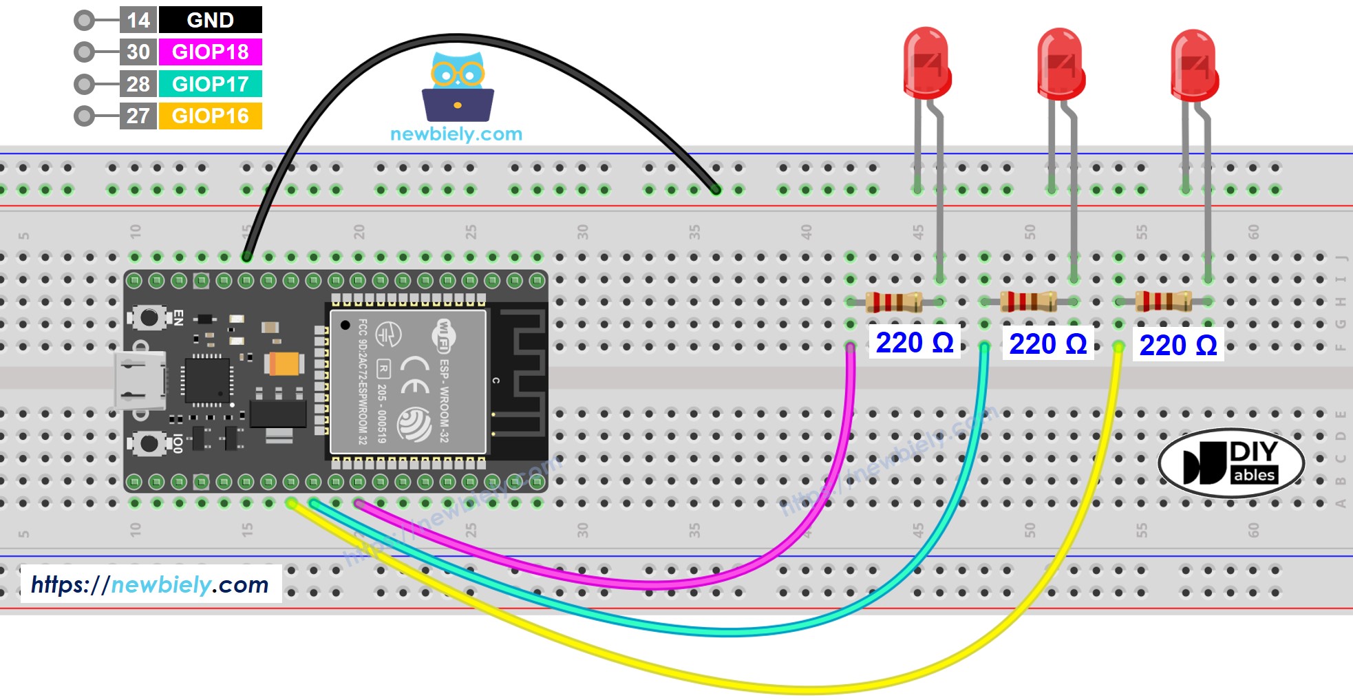 Diagrama de cableado de múltiples LEDs para ESP32
