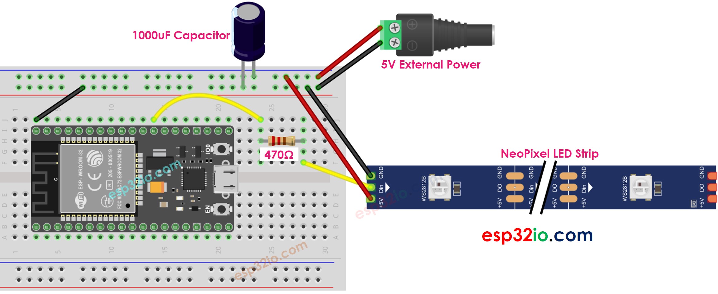 Diagrama de cableado de la tira de LEDs RGB NeoPixel para ESP32