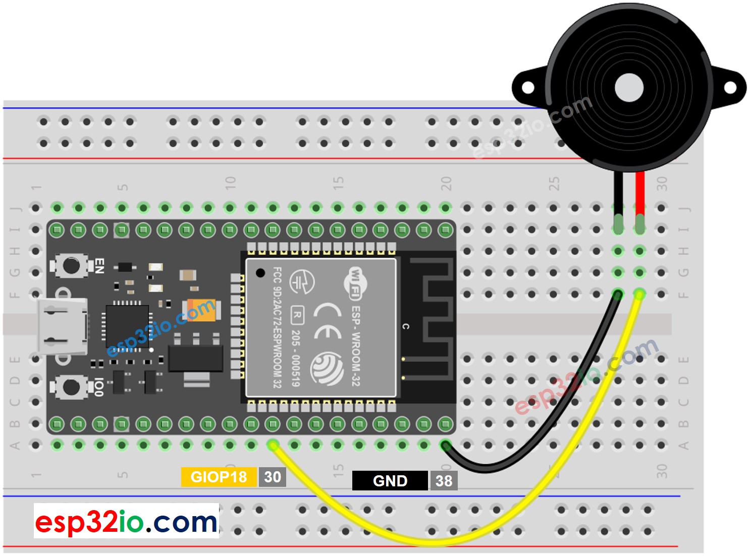 Diagrama de cableado del zumbador piezoeléctrico ESP32