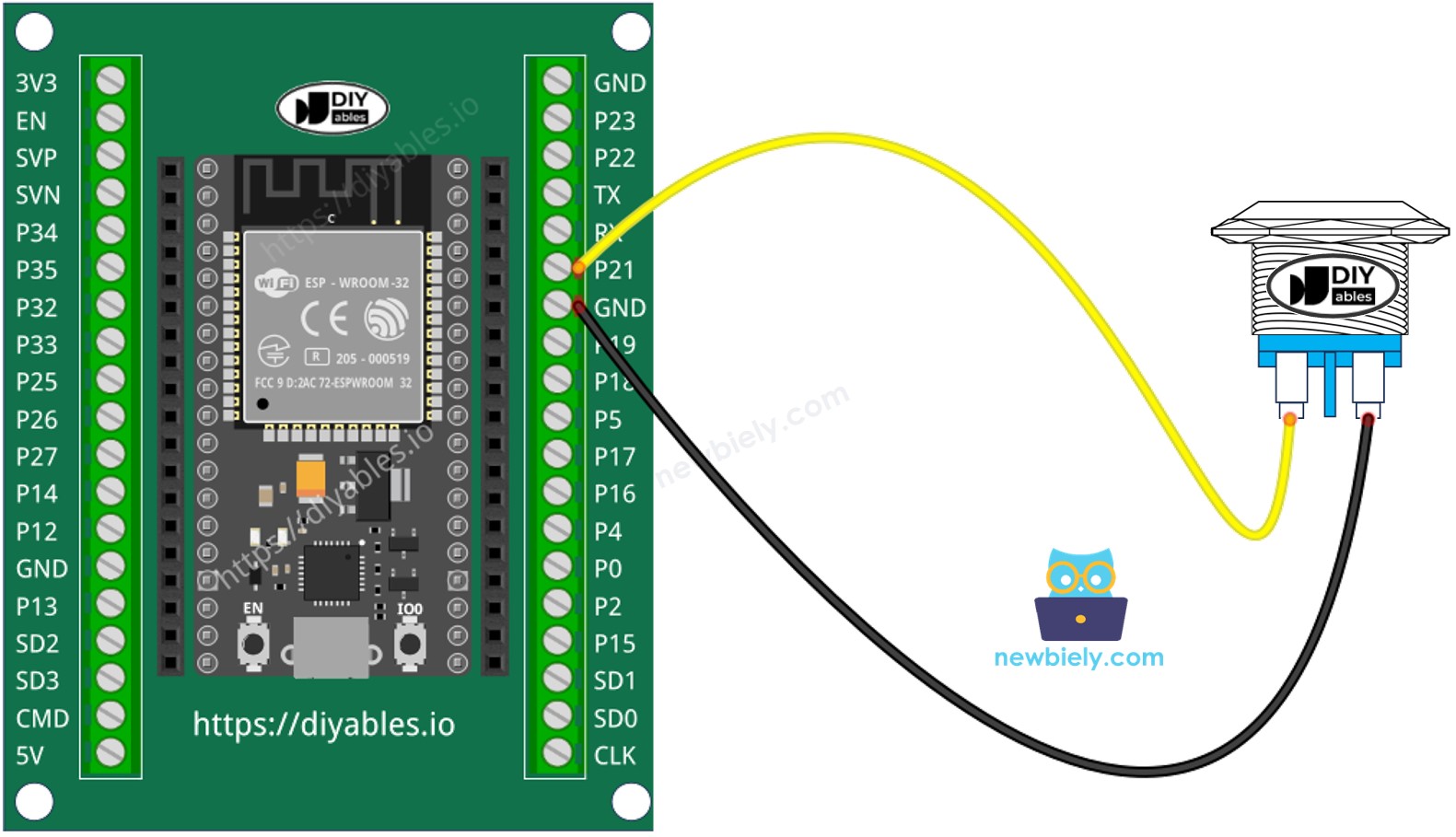 Diagrama de cableado de un pulsador de dos pines para ESP32