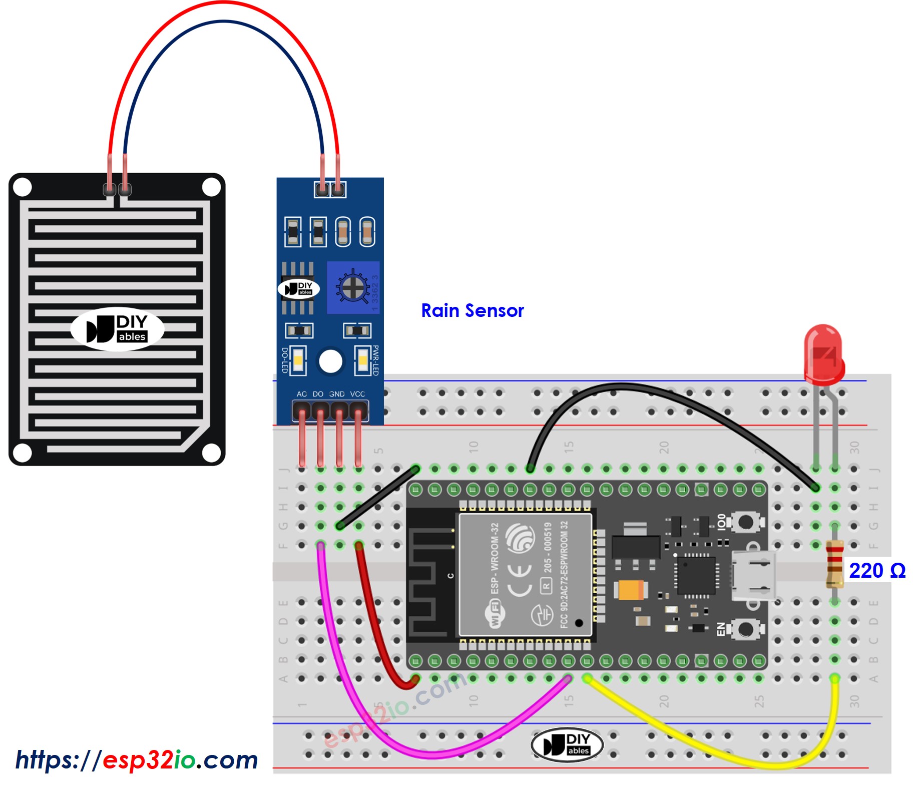 Diagrama de cableado del LED del sensor de lluvia ESP32