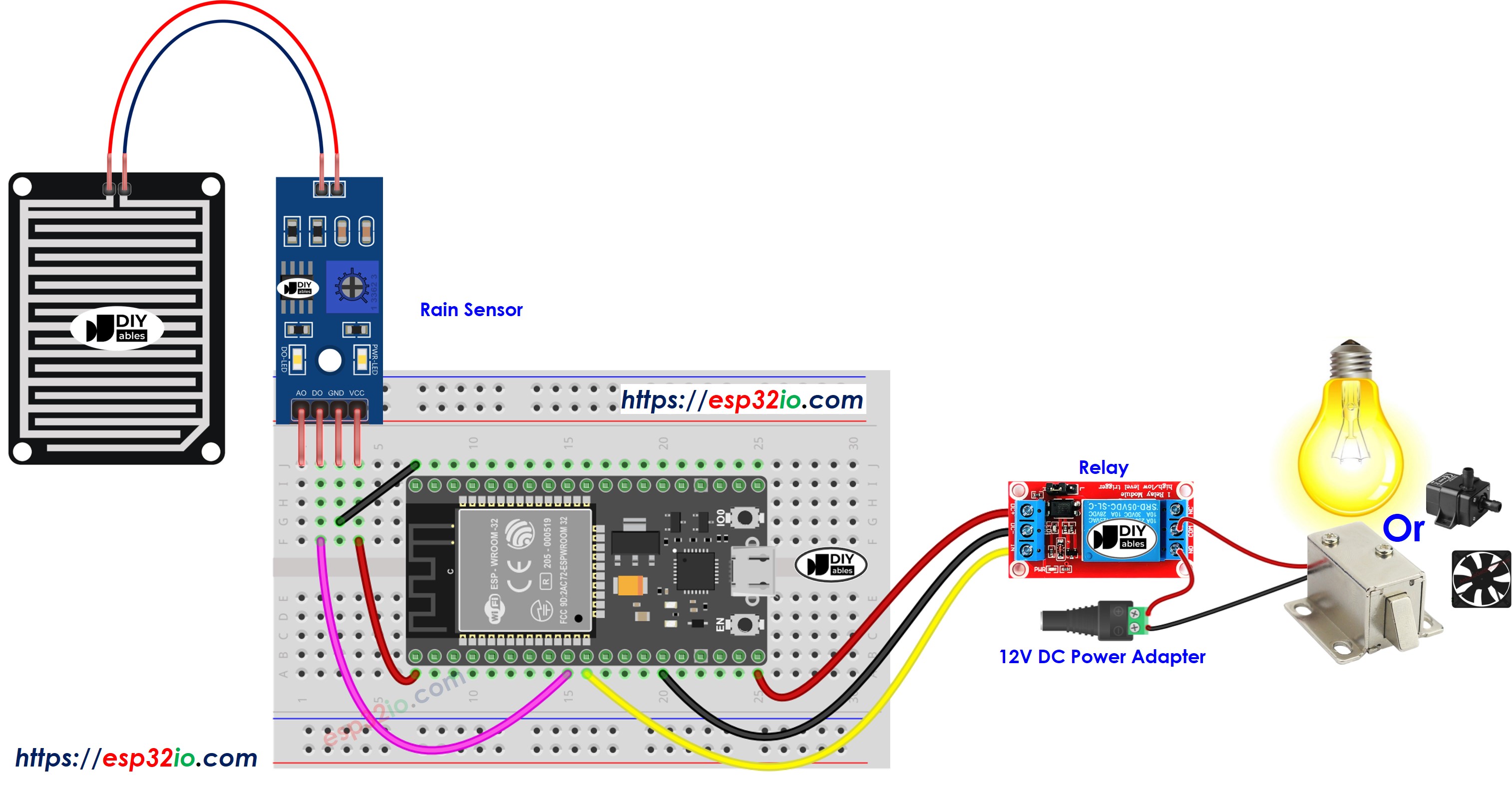 Diagrama de cableado del relé para sensor de lluvia ESP32
