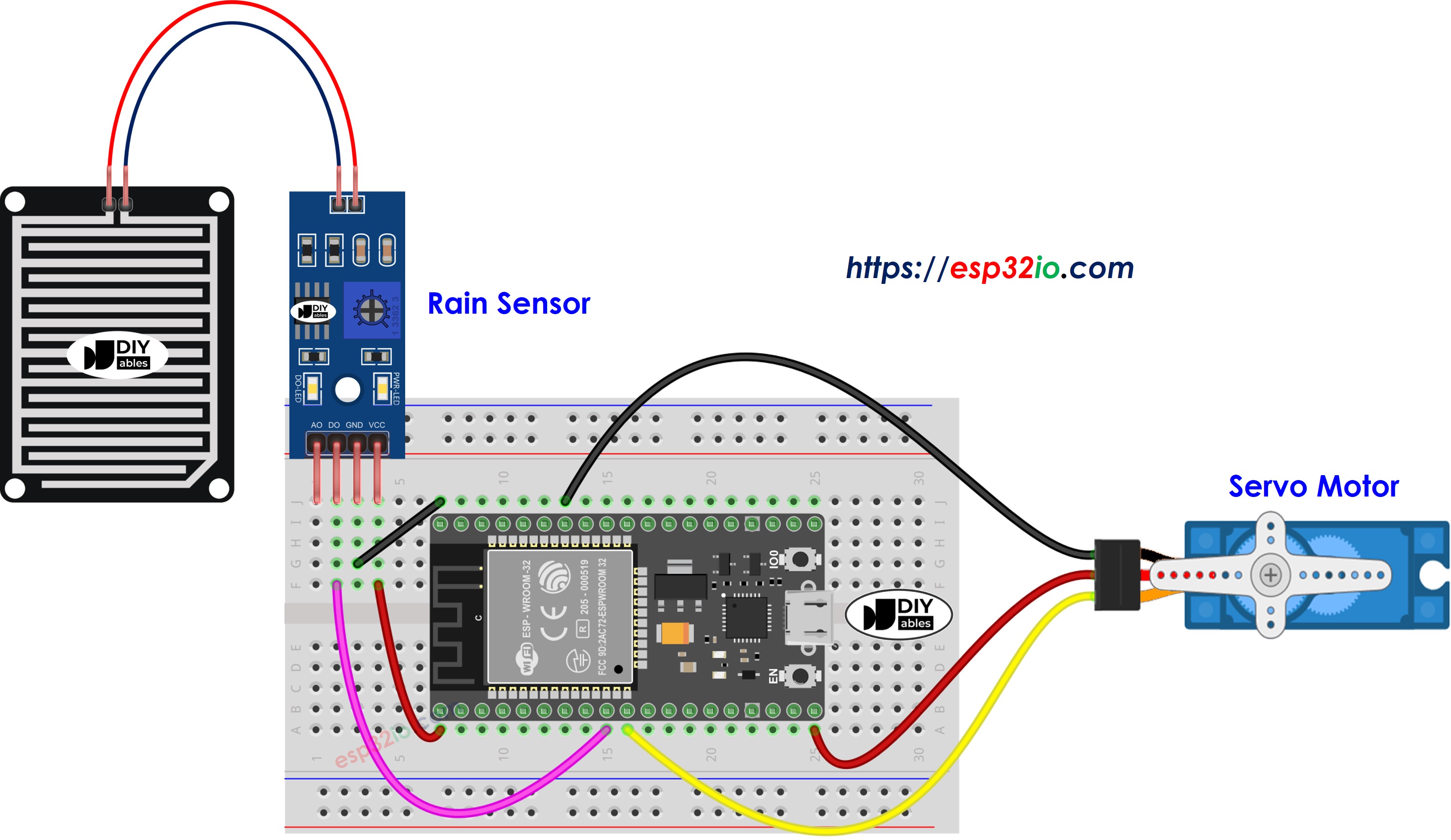 Diagrama de cableado del ESP32, sensor de lluvia y servomotor