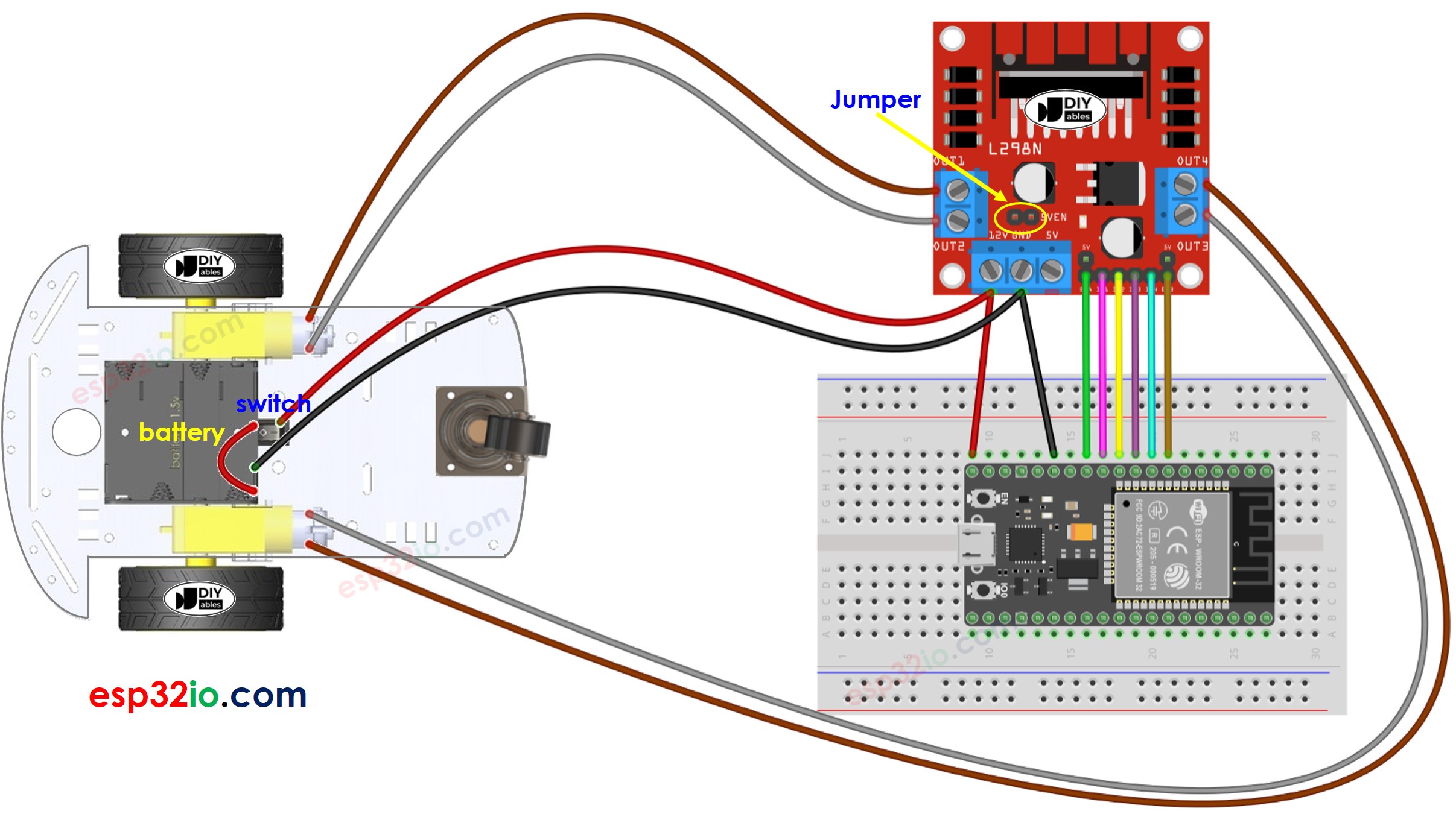 Diagrama de cableado de un coche RC 2WD con ESP32
