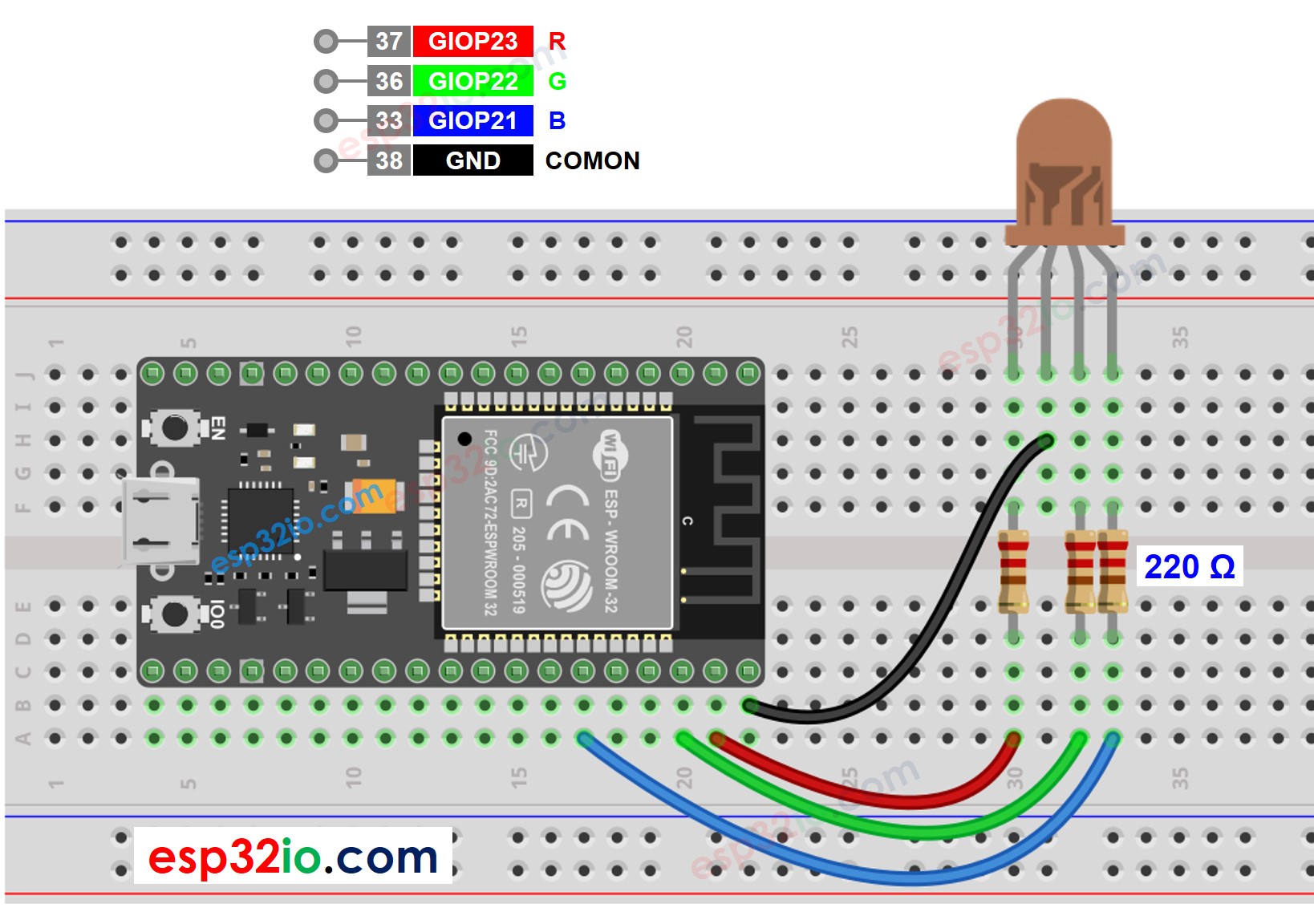 Diagrama de cableado de LED RGB para ESP32