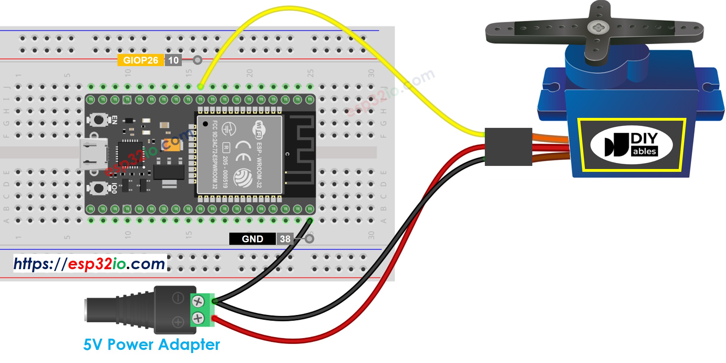 Diagrama de cableado de la fuente de alimentación externa para servomotor ESP32